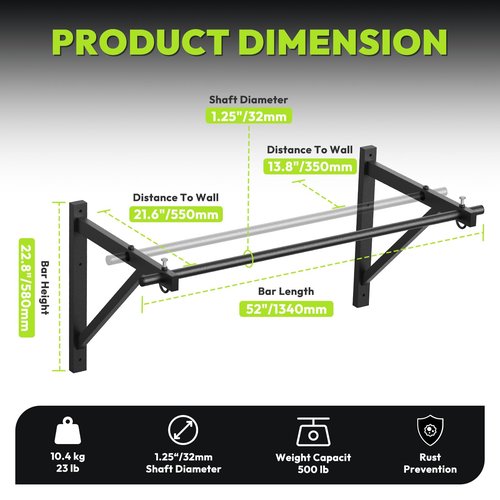 HANDBODE Pull Up Bar for Doorway and Wall Mount - Chin Up Bars for Home Gym, 52‘’ in Upper Body Workout Equipment with 500 lbs Capacity, Portable Thickened Steel Construction, Joist Mounted