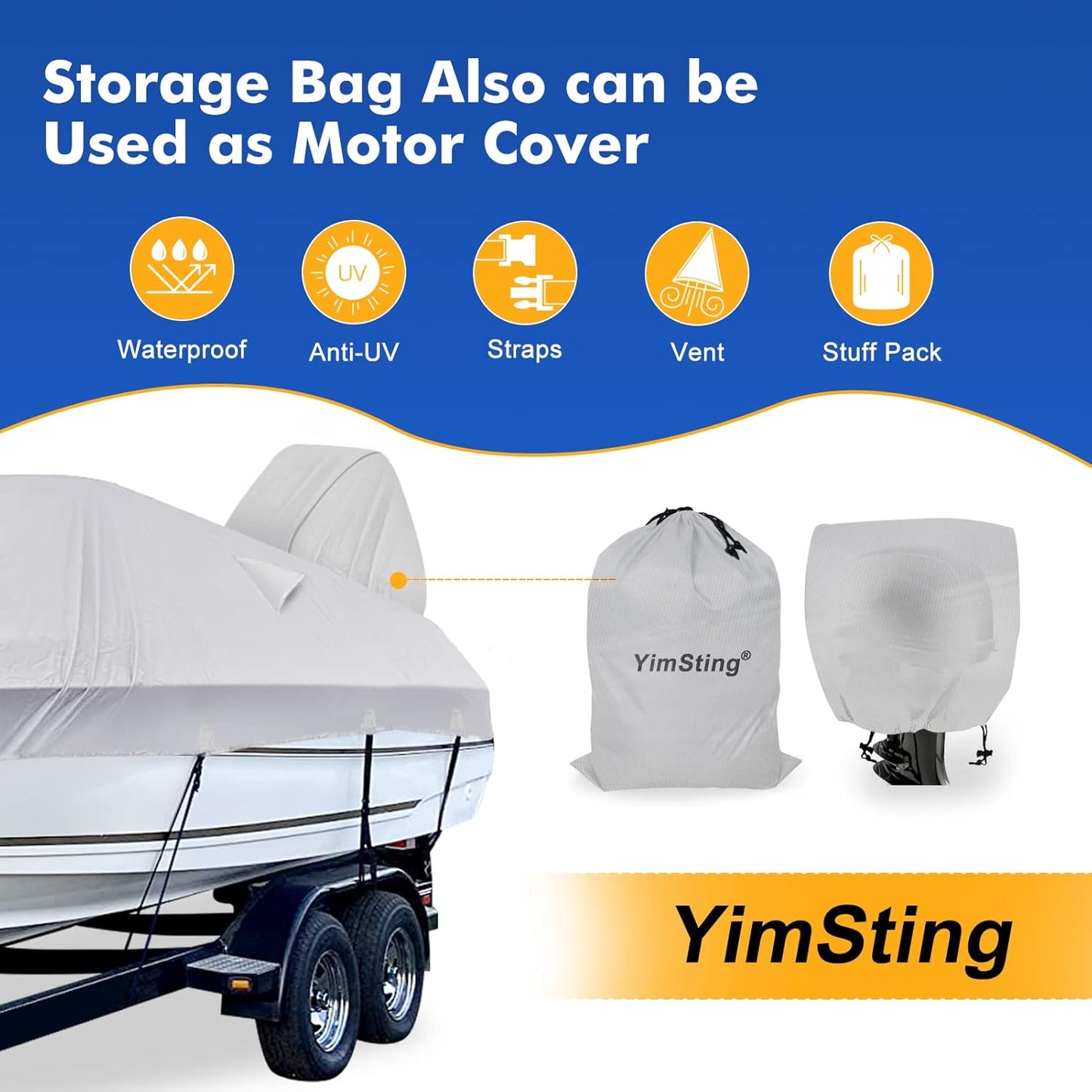 1200D Waterproof Boat Cover - Heavy Duty Gray Canvas for 16' to 18.5' Bass, V-Hull, Tri-Hull & Bowrider Boats