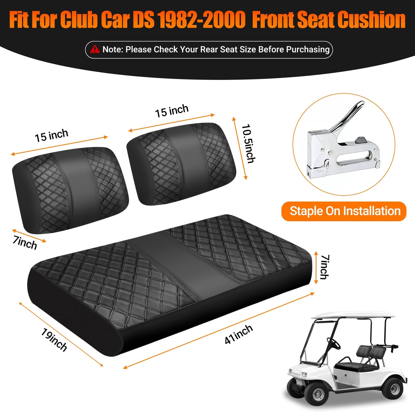 ZWPARTS Staple On Golf Cart Front Seat Covers Black Diamonds PU Leather Seat Covers Replacement for Club Car DS 1982-2000