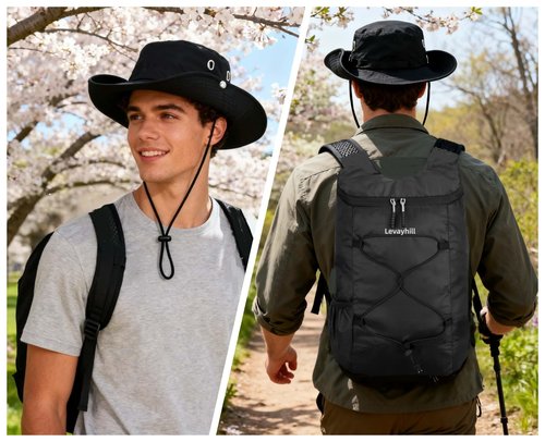 levayhill 16L Foldable Backpack & Bucket Hat 2 In 1 Combo, Lightweight packable Travel Set, Compact Daypack with Sun Hat (Black)