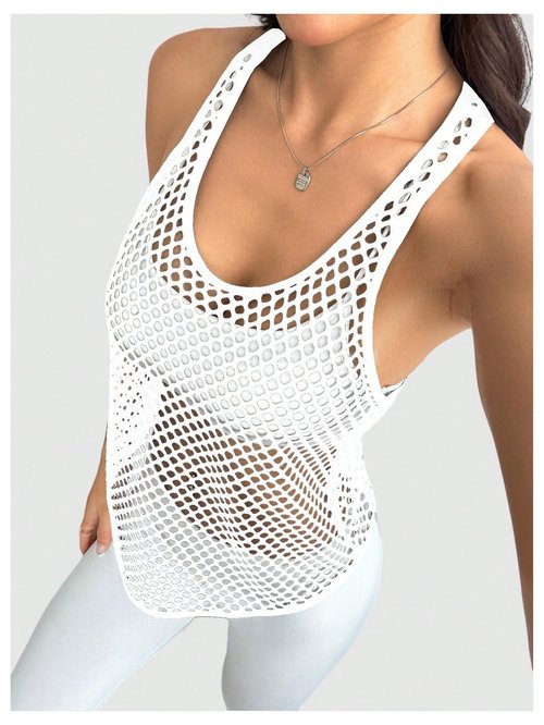 OYOANGLE Women's Mesh Racerback Workout Tank Top Hollow Out Scoop Neck Sleeveless Sports Shirts White Large