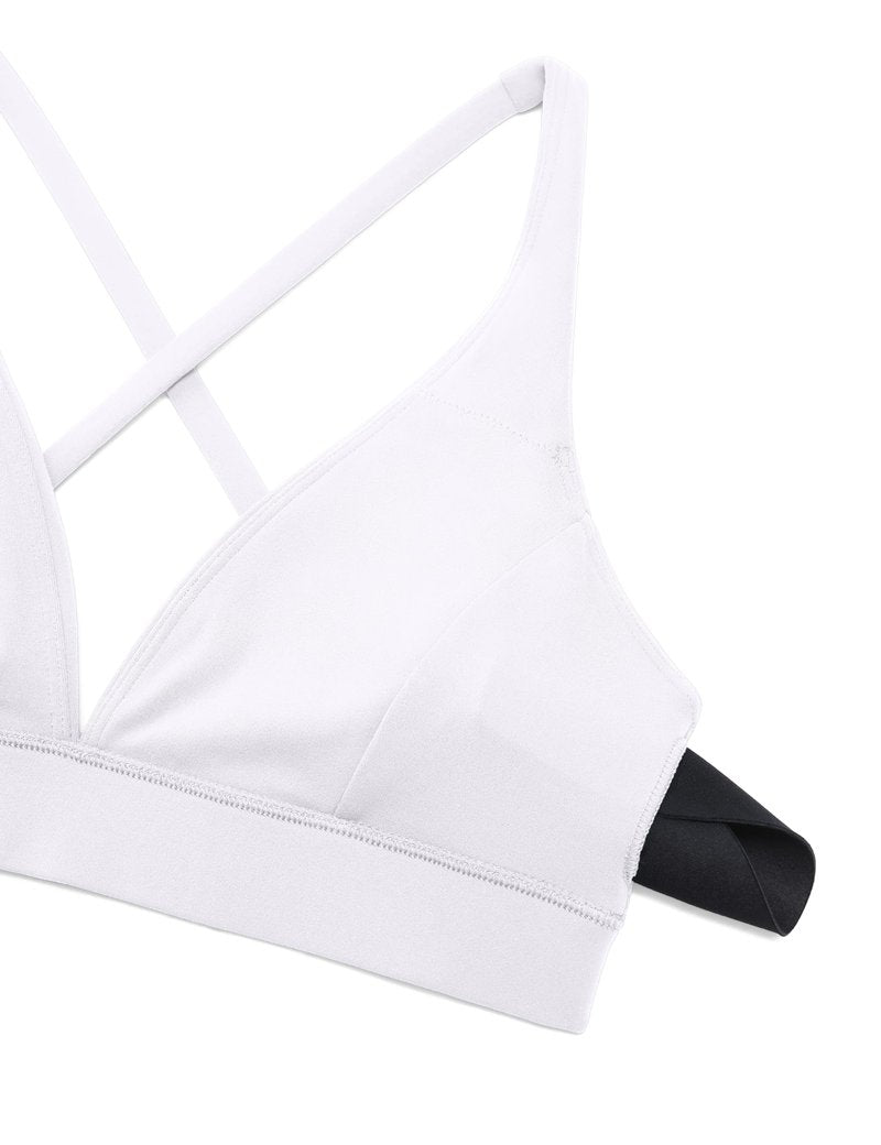 CRZ YOGA Butterluxe Deep V-Neck Sports Bras for Women - Spaghetti Strap Criss Cross Padded Top Low Coverage Wireless Yoga White Medium