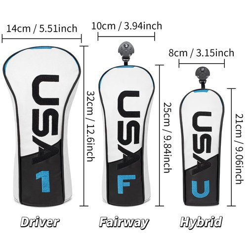 Golf Head Cover Golf Club Black and Blue PU Headcovers Set Fits Driver Fairway Wood Hybrid Utility Putter Iron Wedge Headcover.
