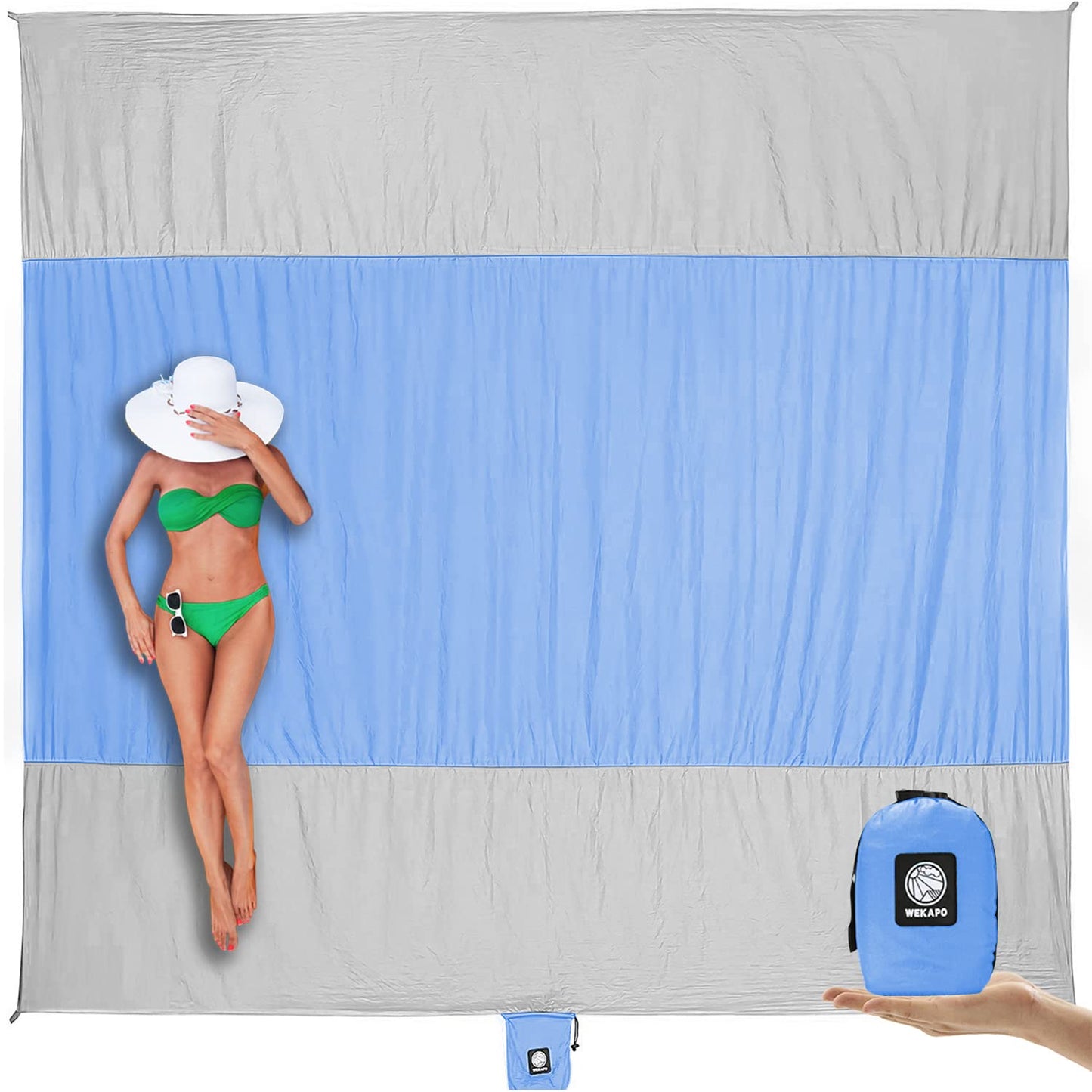 WEKAPO Beach Blanket Sandproof, Extra Large Beach Mat, Big & Compact Sand Free Mat Quick Drying, Lightweight & Durable with 6 Stakes & 4 Corner Pockets (Periwinkle Blue, 7x7 FT (1～3 Person))