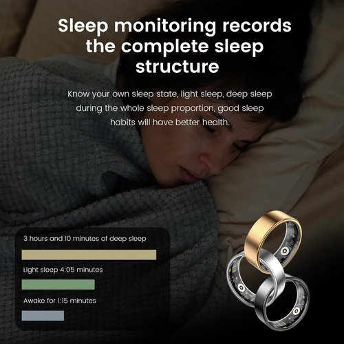 Aichiken Smart Health Ring for Women Men Fitness Tracker with Heart Rate, Blood Oxygen,Sleep Monitoring, Step Counting, IP68 Waterproof for iPhone and Android, No Subscription (Bright Silver, 9)