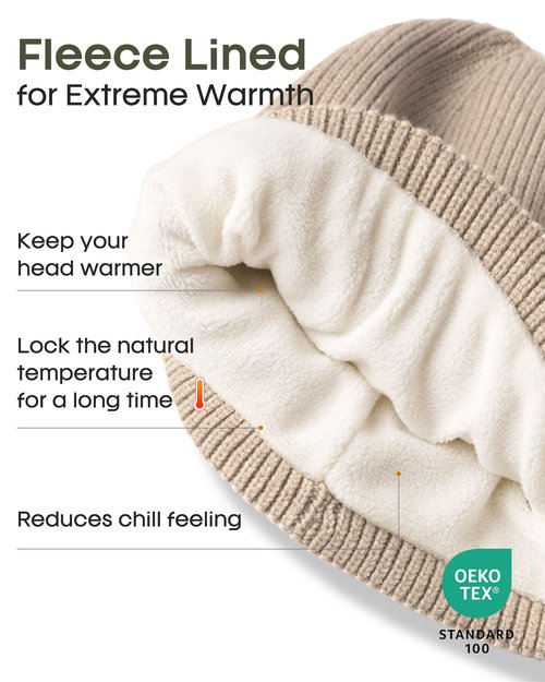 FURTALK Winter Hat for Women Men Fleece Lined Beanie Warm Cuffed Slouchy Skull Cap Light Khaki