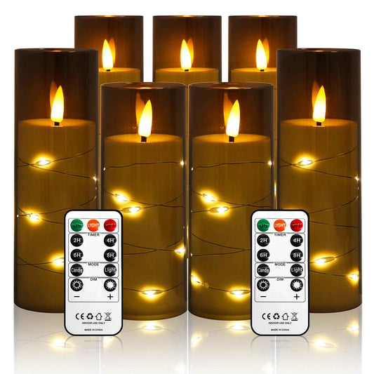 Flameless Candles Flickering LED Lights 7 PCS Battery Operated Candles with Remote & Timer, with Embedded Star String Lights for Home Decoration Wedding Festival Cafe Restaurant (Grey)