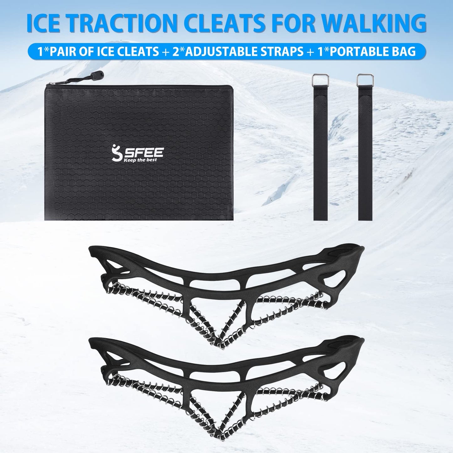 Sfee Ice Cleats Ice Grippers for Shoes and Boots, Crampons Traction Cleats for Walking on Snow and Ice Anti-Slip Flexible Footwear Snow Grips for Walking Climbing Hiking Jogging with 2 Straps