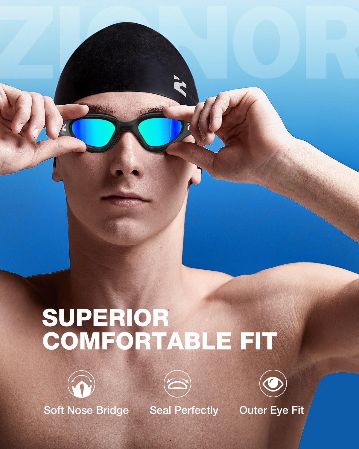 ZIONOR Swim Goggles Adult, G1 Air Unisex No Leak Anti-Fog with Swim Cap