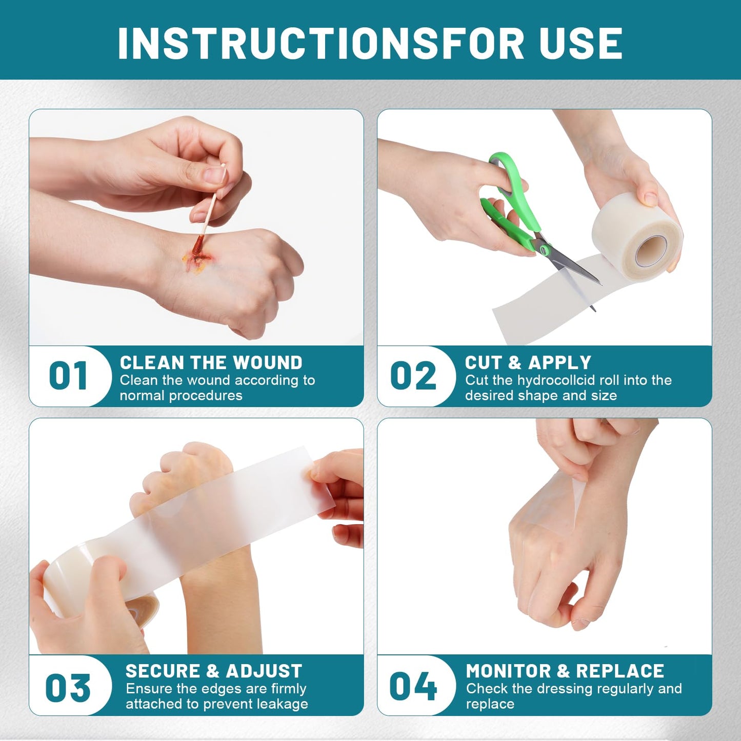 Hydrocolloid Roll for Wound Care, 2in*16.5ft Hydrocolloid Bandages with Self-Adhesive, Extra Large Hydrocolloid Patch Bandages Cut-to-Size, Ultra Absorbent, Waterproof