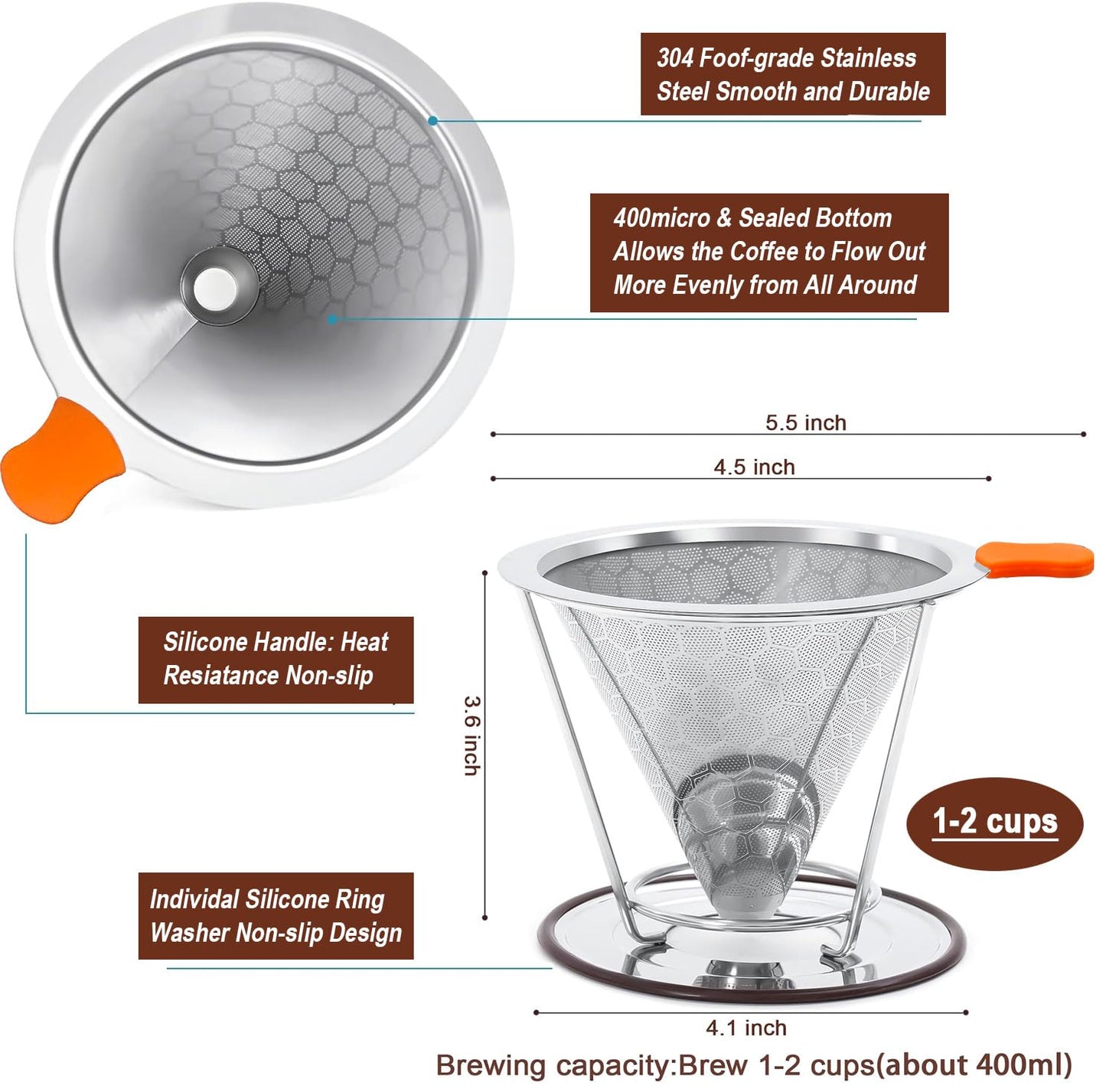 Pour Over Coffee Dripper, Stainless Steel Filter, Easy to Clean Paperless Pour Over Coffee Maker,Reusable Filter, Cone Dripper with Removable Cup Stand