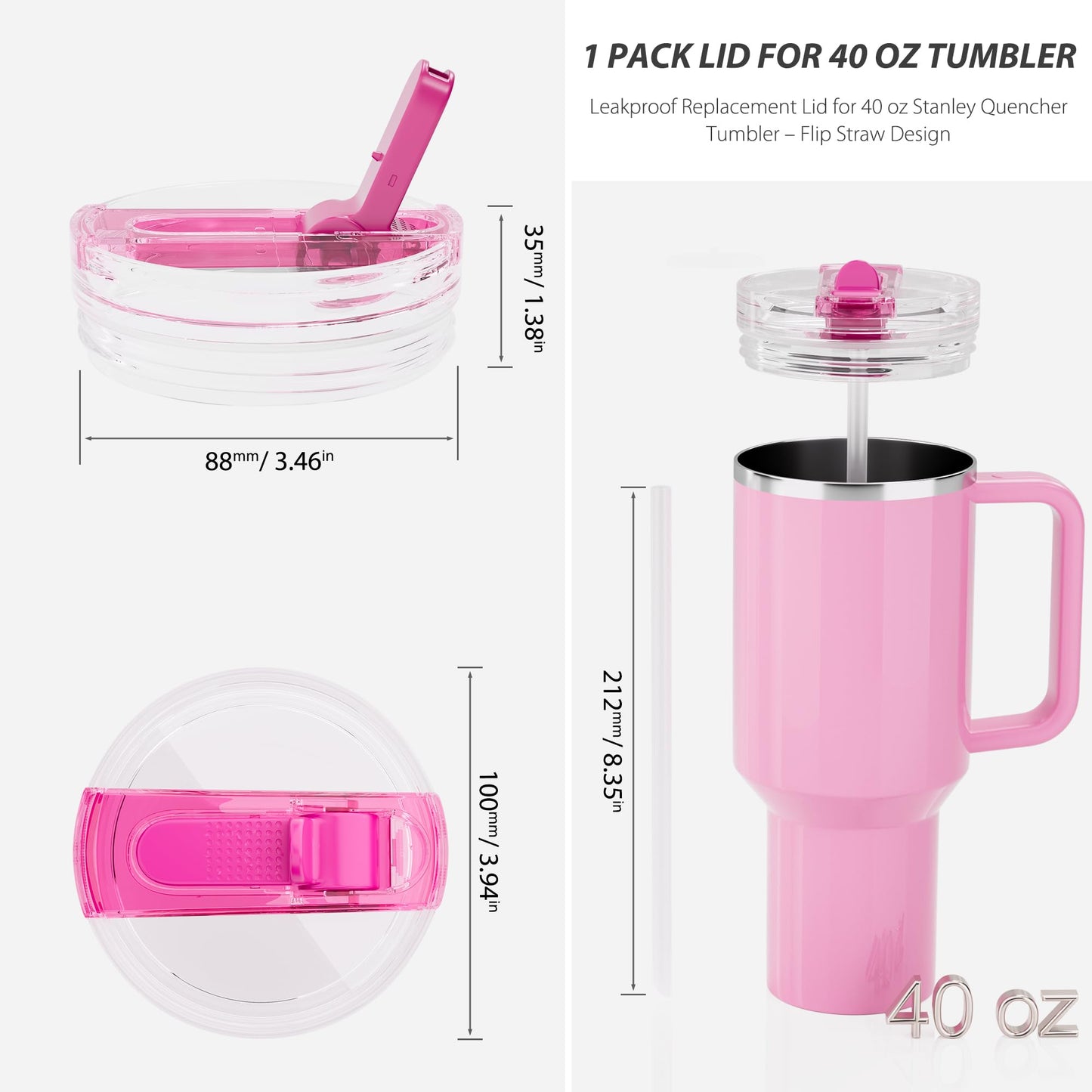 CeleVista 1 Pack 40 oz Flip Straw Lid for STANLEY Quencher ProTour and H2.0 FlowState Tumbler(Only for STANLEY Tumbler), Leakproof Lid, No Spill & Easy to Use Reusable Cover(Passion Pink-1P)