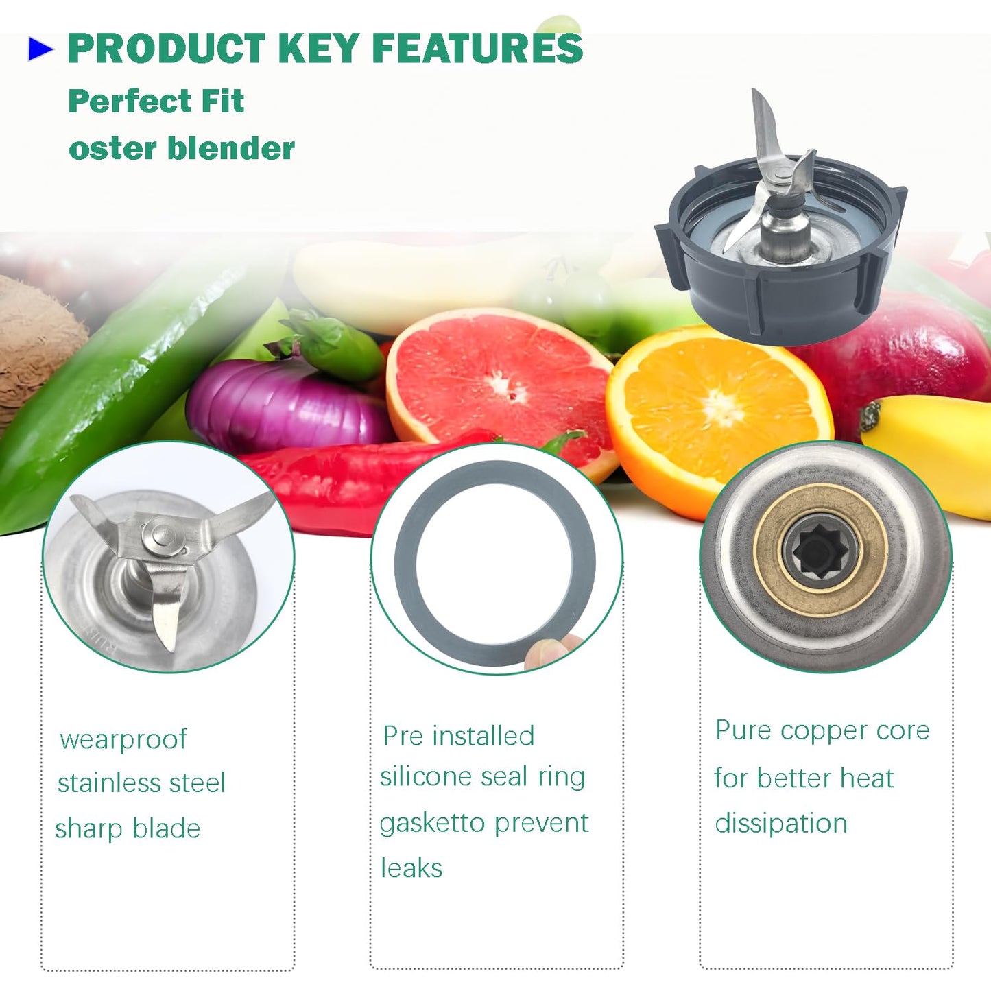 2 Pack for Oster Blender Replacement Parts Blender Ice Crusher Blade with 4 Rubber Sealing Gasket for Oster Osterizer 5-6 Cup Glass or Plastic Jars