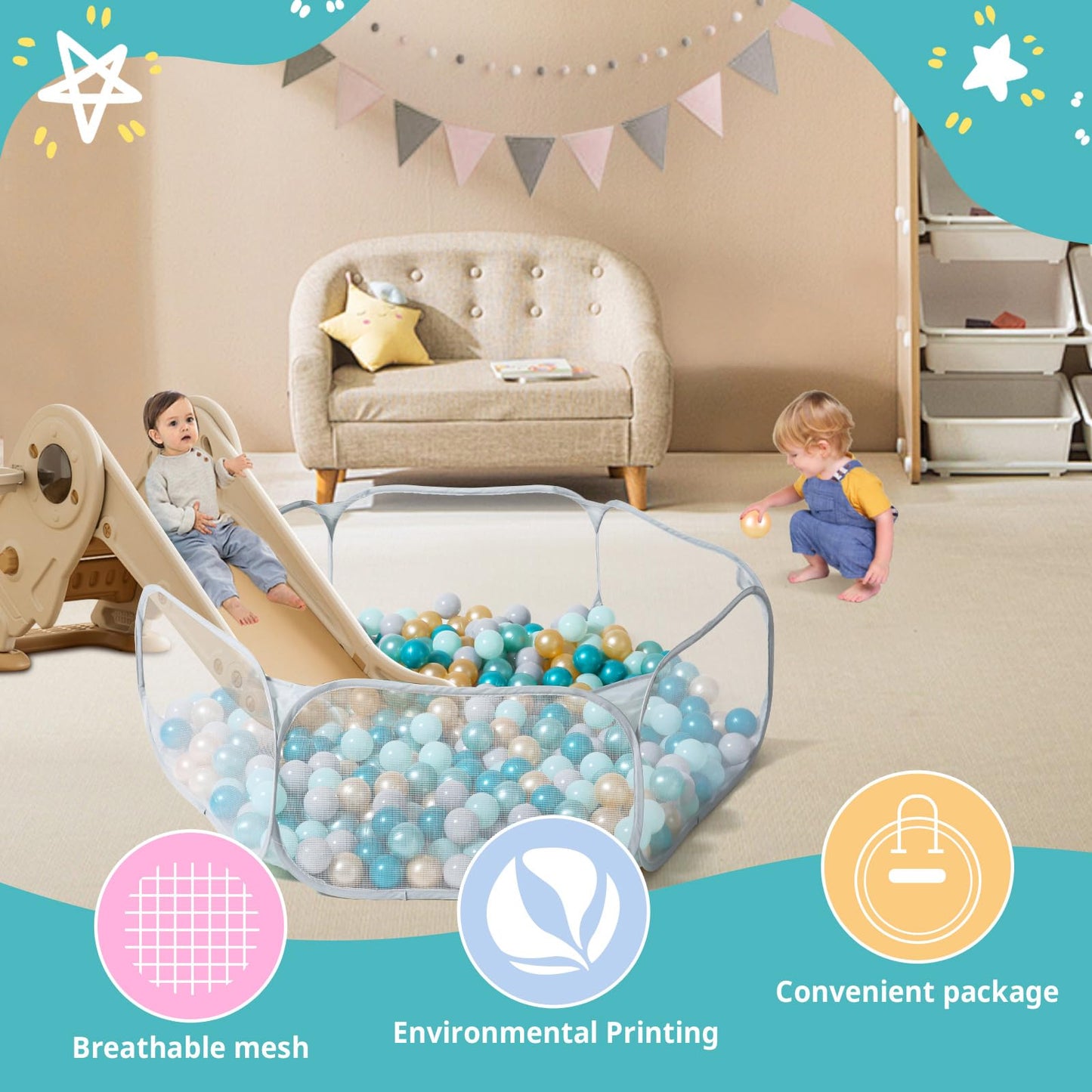 STARBOLO Gray Kids Ball Pit, Children Toy Ball Play Pool Foldable Play Tent for Kids Girls Boys Indoor and Outdoor, Balls Not Included.