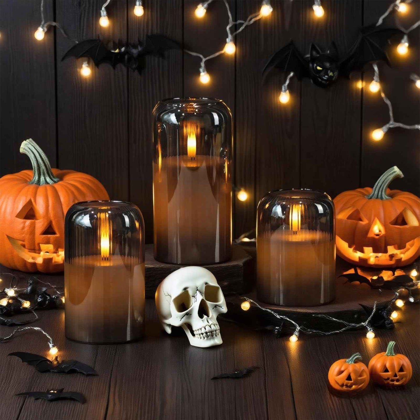 DRomance Glass Flameless Candles with Remote and Timer Battery Operated 3 Pack Real Wax Striped Black LED Flickering Pillar Candles Dinner Wedding Halloween Christmas Holiday Decor(3" D x 4",5",6" H)