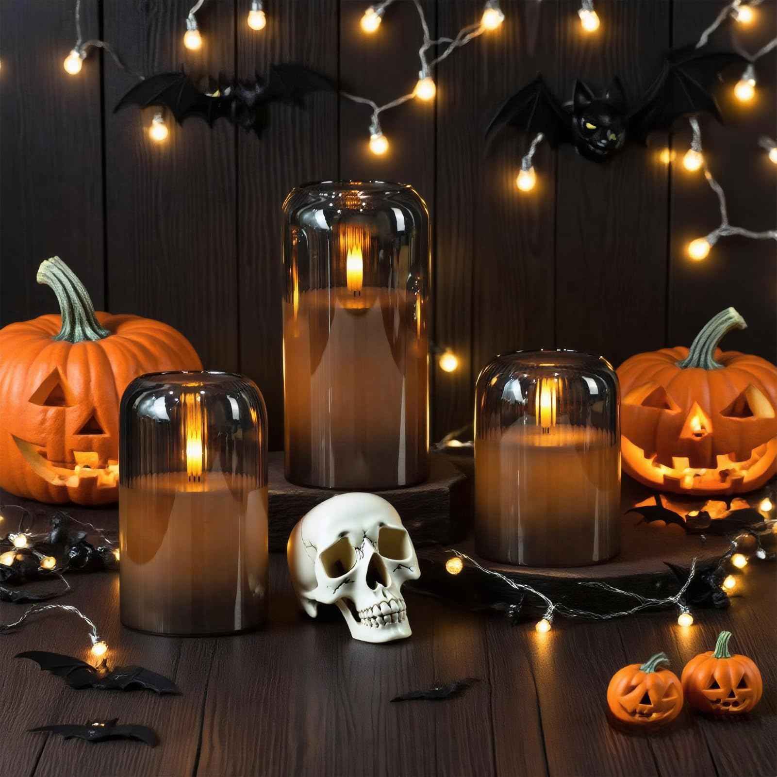 DRomance Glass Flameless Candles with Remote and Timer Battery Operated 3 Pack Real Wax Striped Black LED Flickering Pillar Candles Dinner Wedding Halloween Christmas Holiday Decor(3" D x 4",5",6" H)