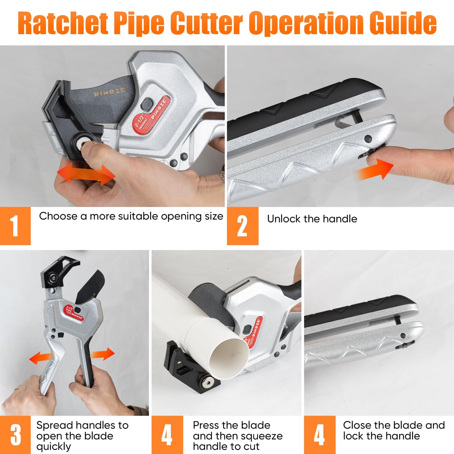 PINOZE PVC Pipe Cutter, 3-Gear Adjustable Cut up to 2-1/2”, Ratchet Pipe Cutter Tool Heavy-Duty for PVC, PPR, PE, PEX, Plastic Hoses & Plumbing Pipes with Teflon Coated SK5 Blade
