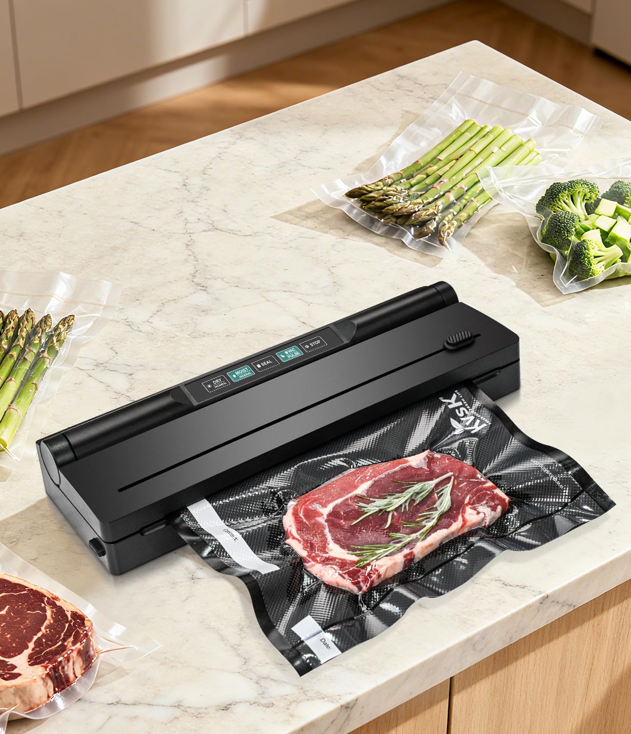 KVSK Vacuum Sealer Machine Automatic Black 6615H Food Preservation Storage, One-Click Dry&Moist Vac Seal Mode, 60kPa Suction, 11"x9.8' Black Sealer Roll, Liquid Block Cotton Pads, Removable Drip Tray