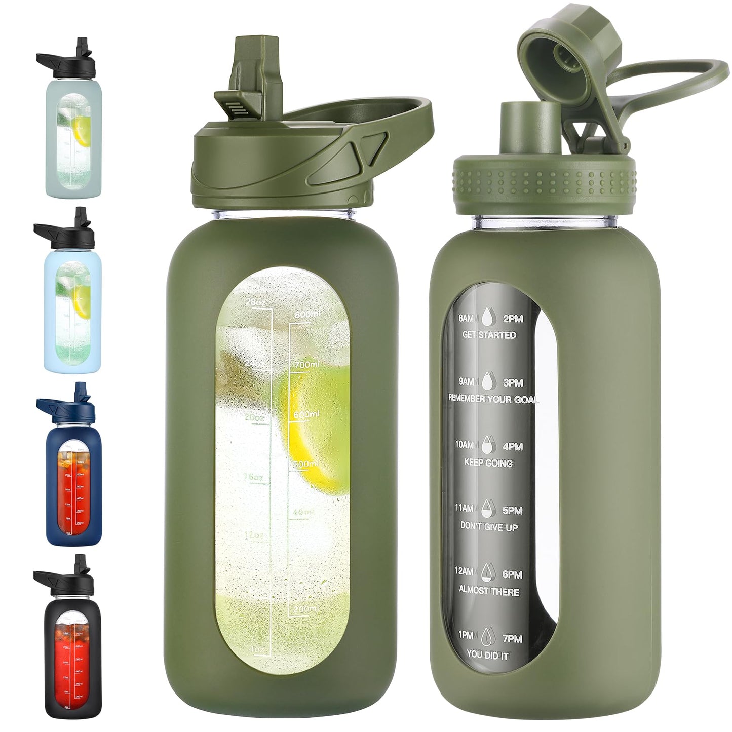 EALGRO 32 oz Glass Water Bottle with Straw and Handle, Sports Motivational Water Flask with Silicone Sleeve, Large Leakproof Water Flask Cup with Time Marker for Travel, Gym, Army Green
