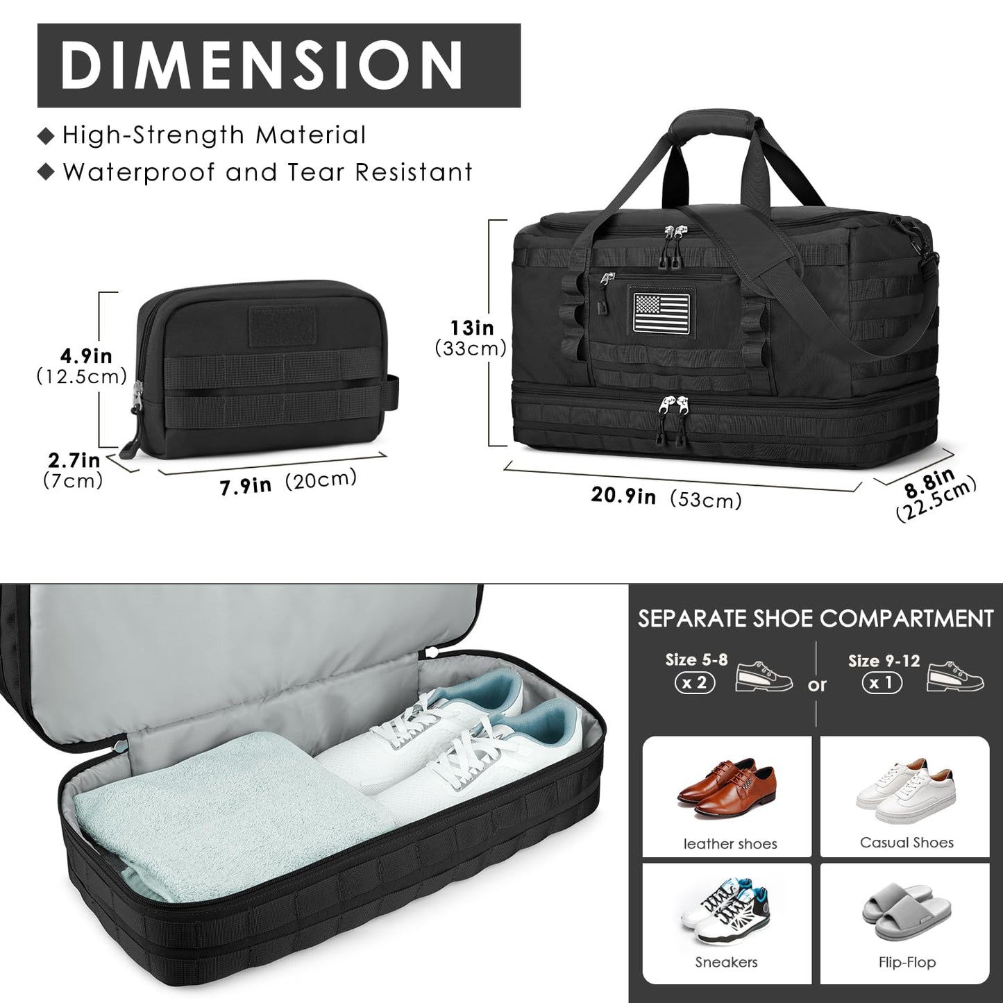Gym Bag for Men Women, Carry on Luggage 22x14x9 Airline Approved, Tactical Travel Duffle Bag with Toiletry Bag and Shoe Compartment, Weekender Overnight with Wet Pocket for Workout, Black