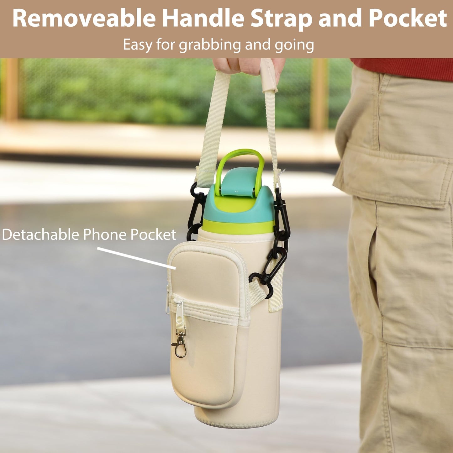 Icesip Water Bottle Carrier Bag with Strap for Owala FreeSip 24 oz with Detachable Phone Pocket for Owala Accessories 24oz Water Bottle Sleeve for Walking Camping Gym Off White