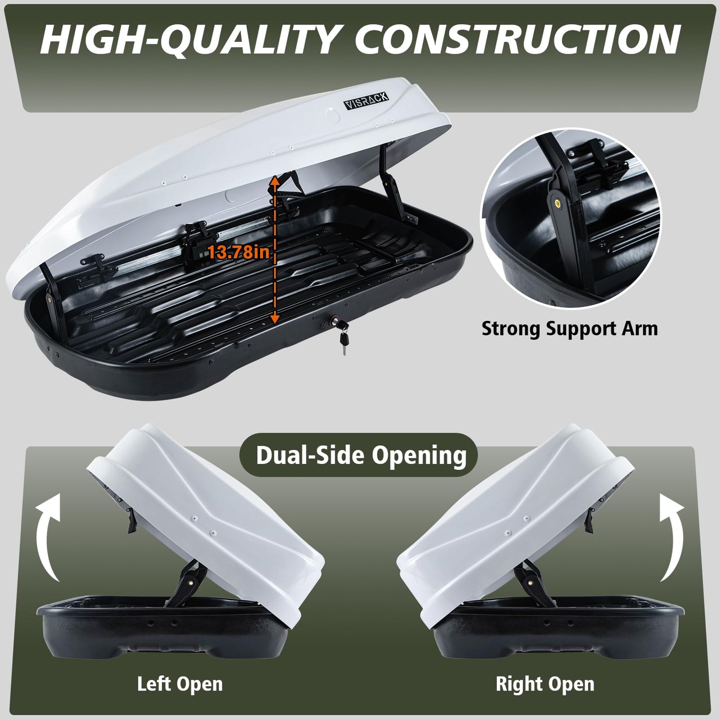 Hard Shell Roof Cargo Carrier, 13 Cubic Feet Storage, Durable ABS and PMMA Material, White Roof Box with Security Keys, Tool-Free Installation, Double-Sided Opening, 56" L x 30" W x 13.7" H