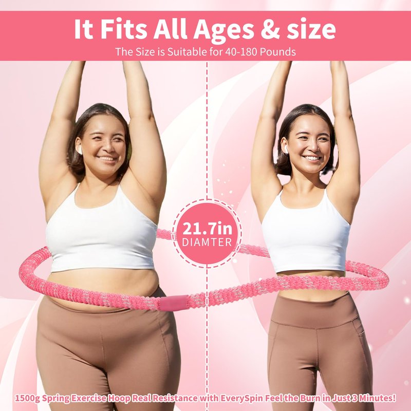 3.3 lbs Spring Soft Hula Hoop for Adults, Foldable Weighted Fitness Hoop with Video Tutorial, Soft Material Protects Lower Back, Home & Travel Workout (Pink)