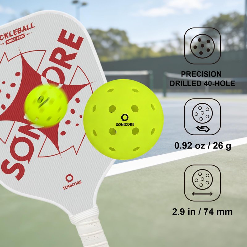SONICORE Premium Outdoor Pickleball Balls, 12 Count Pack, Extreme Durability, Tournament-Ready Level, 40-Hole Precision Drilled, Crack-Resistant