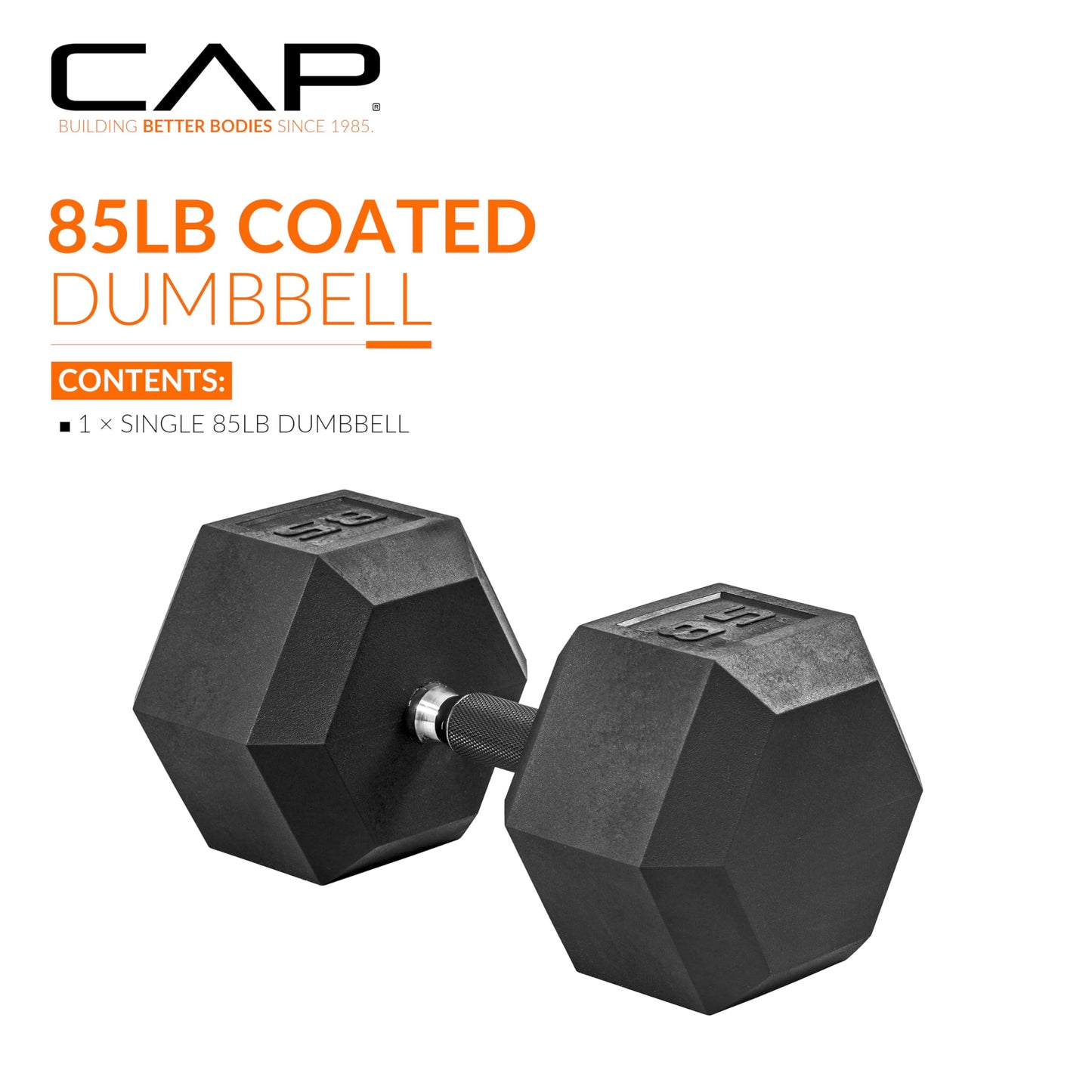 CAP 85 LB Rubber Coated Hex Dumbbell Weight, Rubber Free Weights for Home Gym Strength Training, Comfort Grip Handle, Single