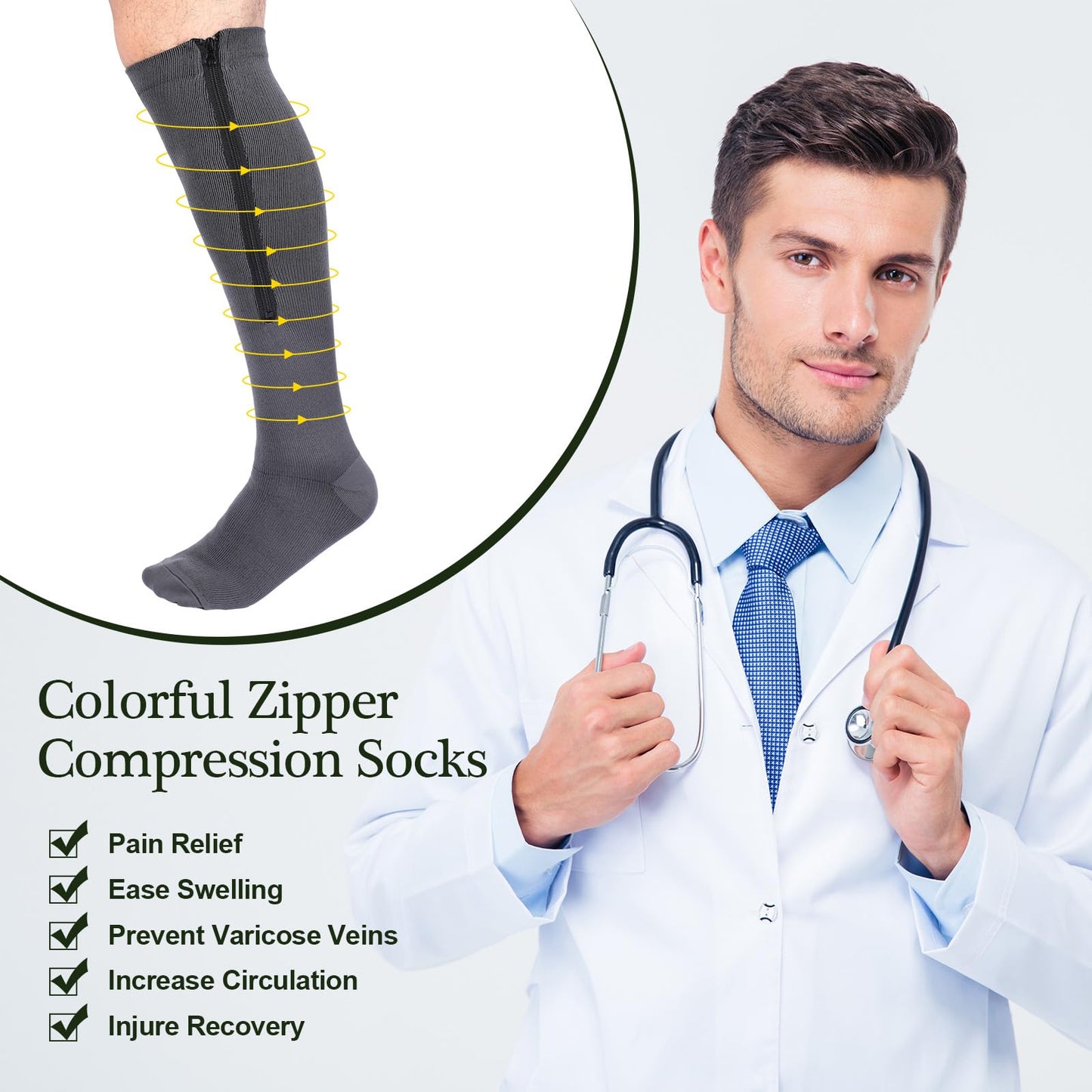 Tarpop 4 Pairs Men Zipper Compression Socks Colorful 20-30mmhg Compression Stockings with Zipper for Men Women Swelling Edema (Dark Color,L/XL)