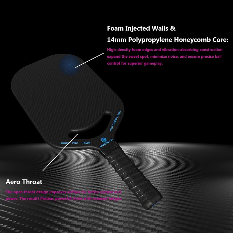 MMGBULLS Boost PRO Pickleball Paddle, 3K Raw Carbon Fiber, Foam Injected Walls, 14MM Polypropylene Honeycomb Core with Air Throat, Cushion Comfort Grip
