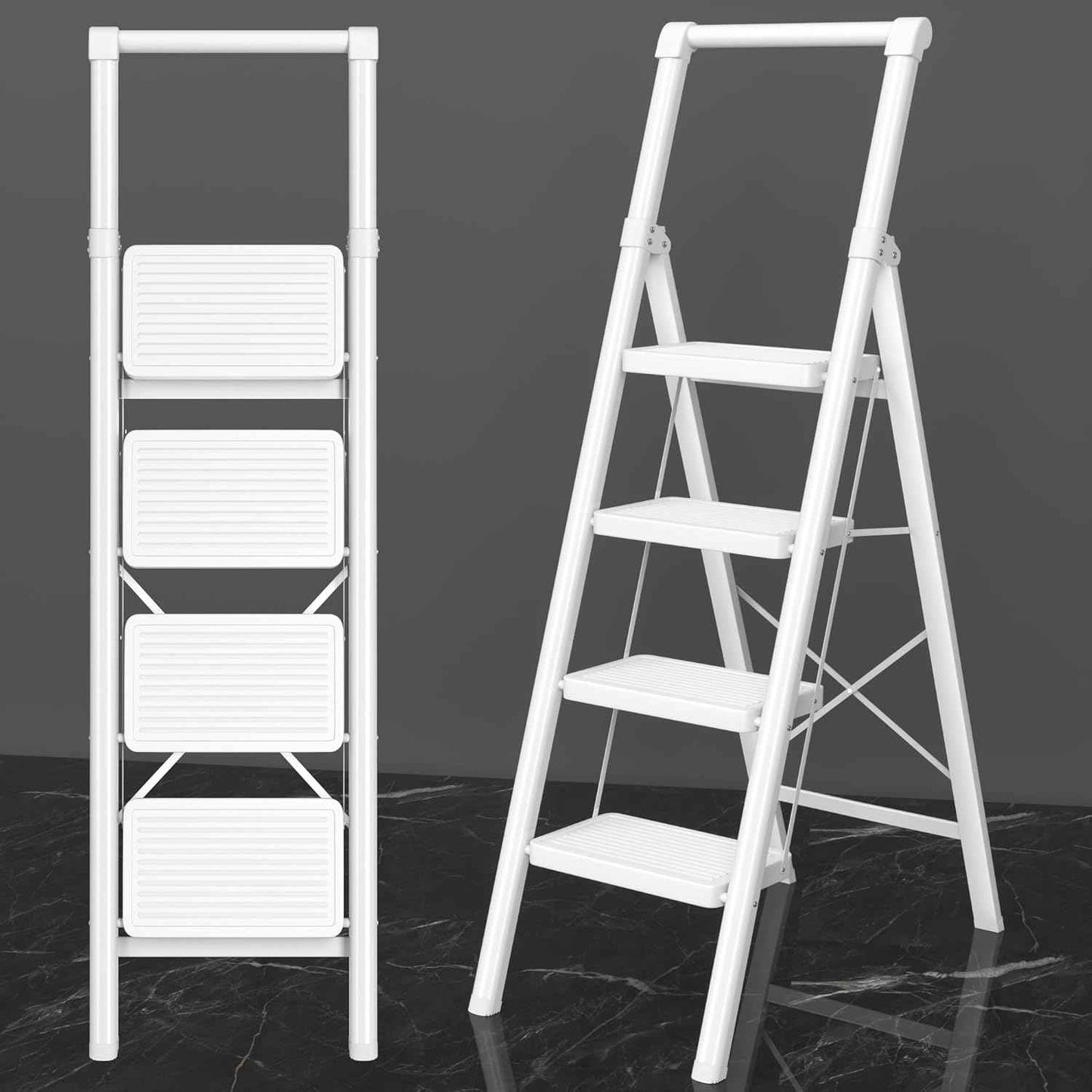 DIAMONDFORGE 4-Step Folding Ladder - Sturdy Steel Construction, Anti-Slip Pedals & Feet, Handgrip - Home Use, White & Red