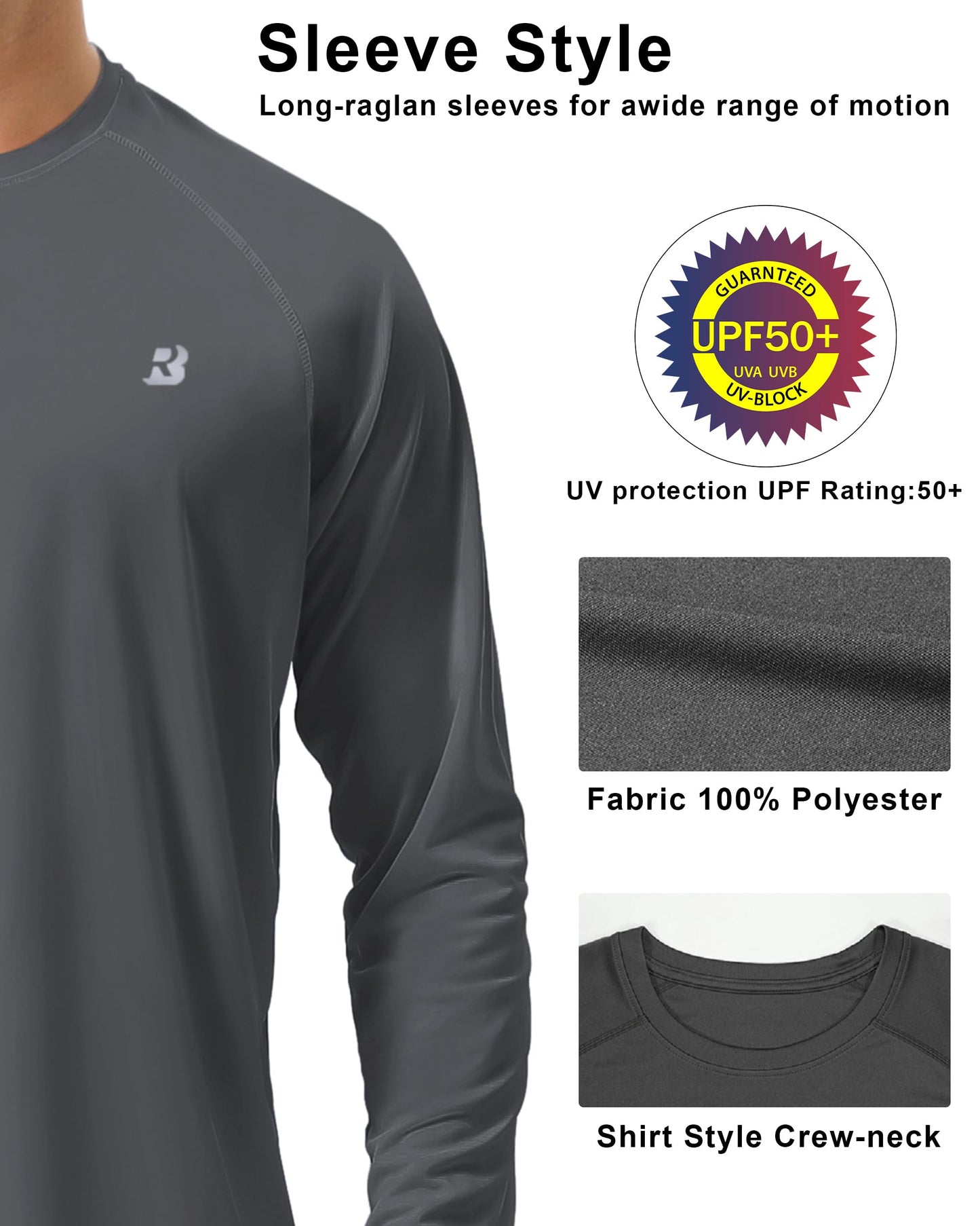 Roadbox Mens UPF 50+ Long Sleeve SPF Diving Rash Guard UV Sun Protection Shirts for Outdoor Fishing Hiking Swimming Running