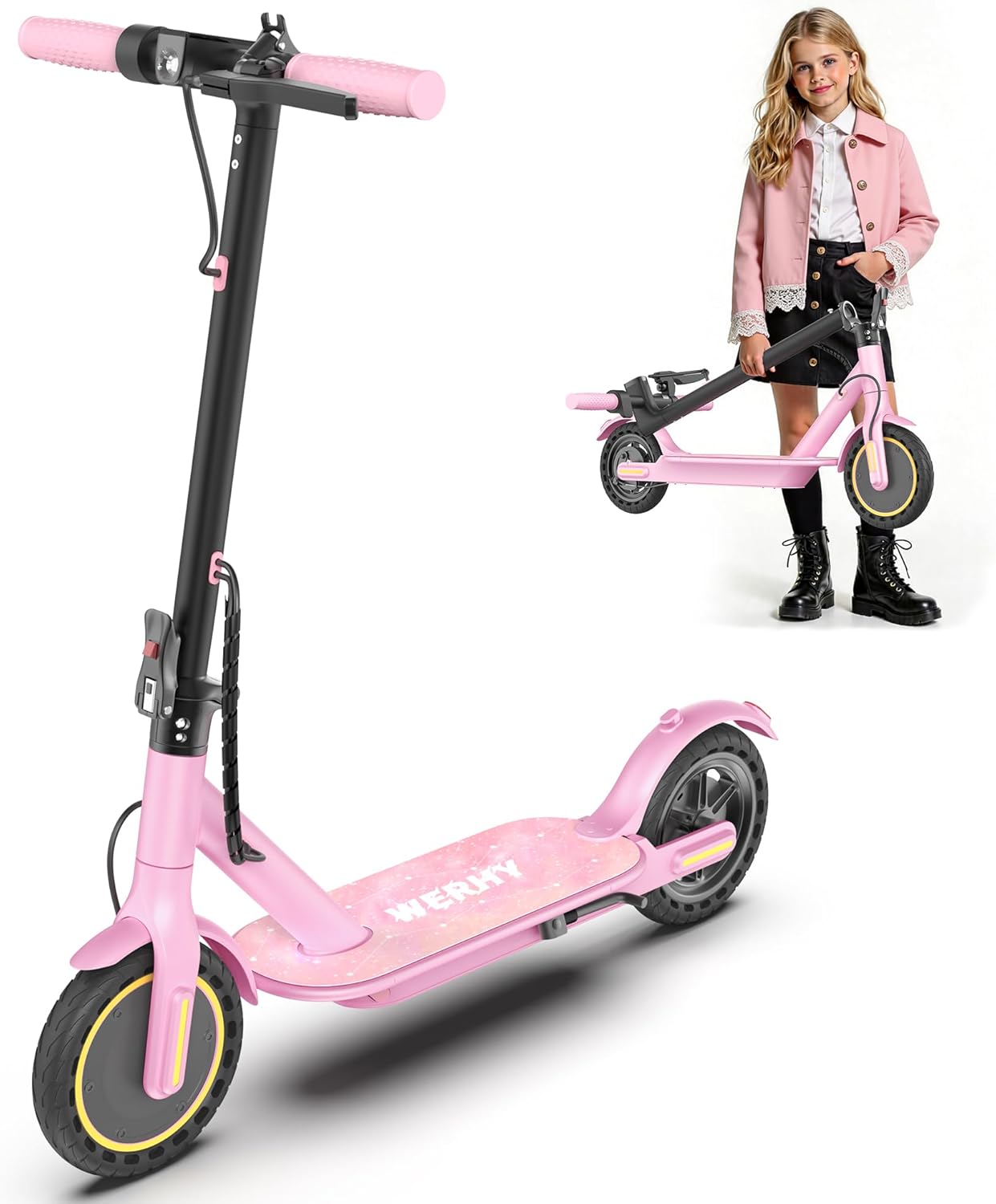 WERHY Foldable Kids Electric Scooter - 350W Motor, 12-16 Miles Range, 19 MPH Speed, Lightweight Design