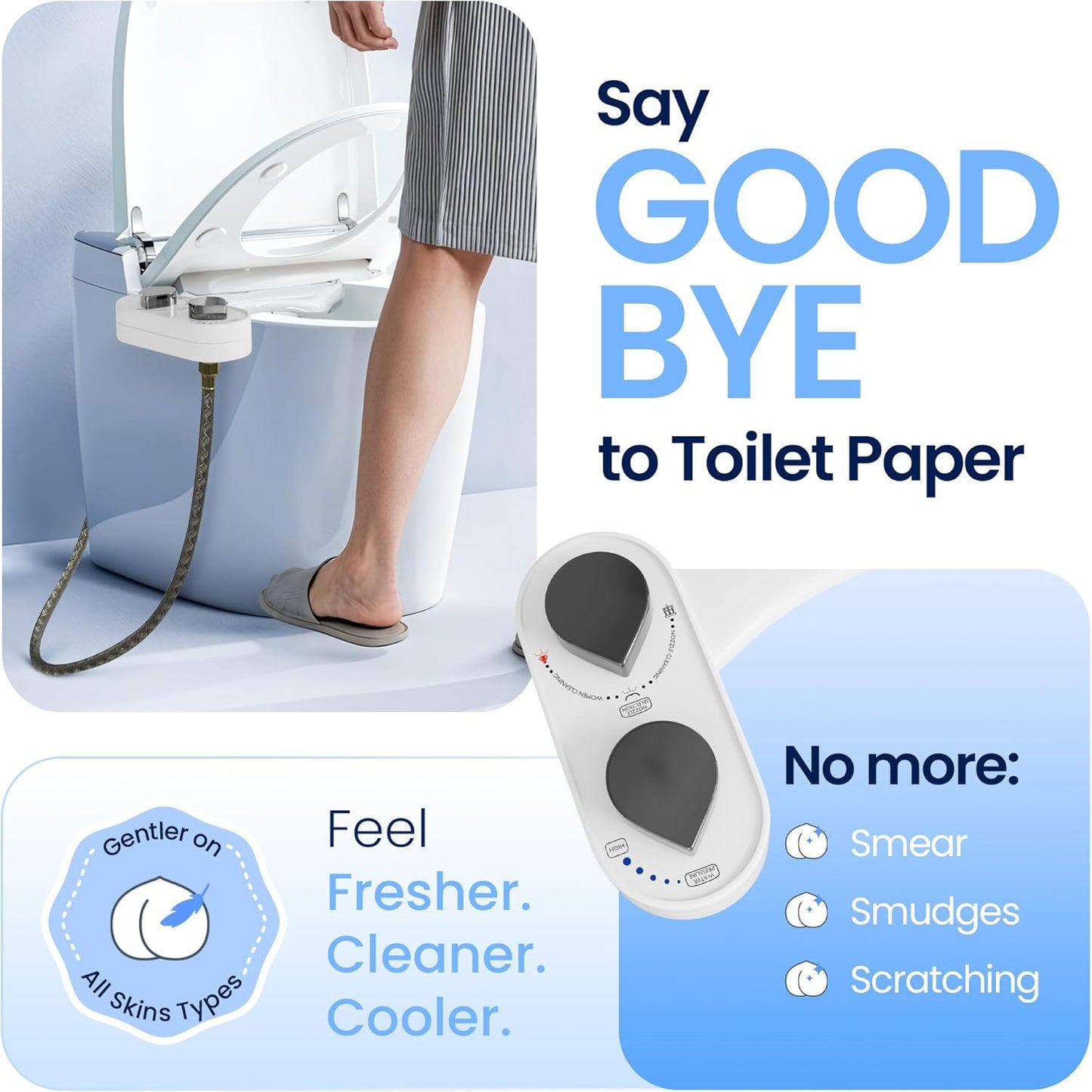 Non-Electric CLEAR REAR Bidet Attachment for Toilet - Self-Cleaning Dual Nozzle, Adjustable Pressure, White