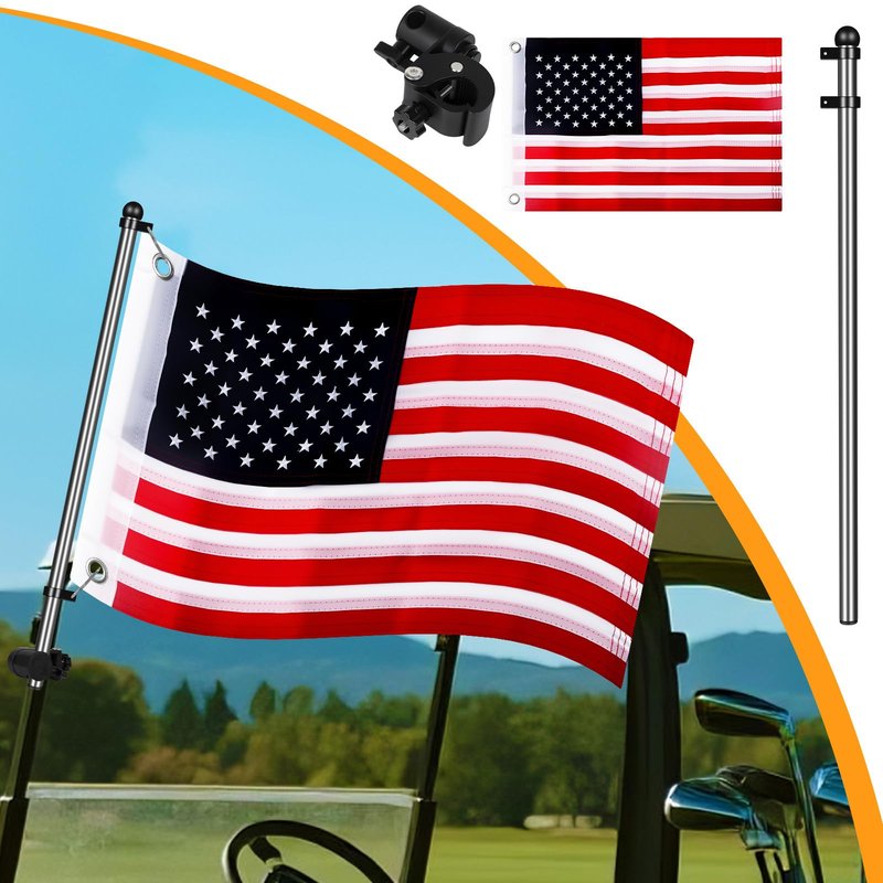 Universal Golf Cart Flag Pole 2pcs, Flag Pole Kit for YamahaEZGOClub CarBoat\UTVATV ,Flag Holder Bracket with 0.59"-1.25" Round Square Rails,Heavy Duty ABS Plastic Base Windproof Bracket,Included USA Flag,2pcs USA Flag Included