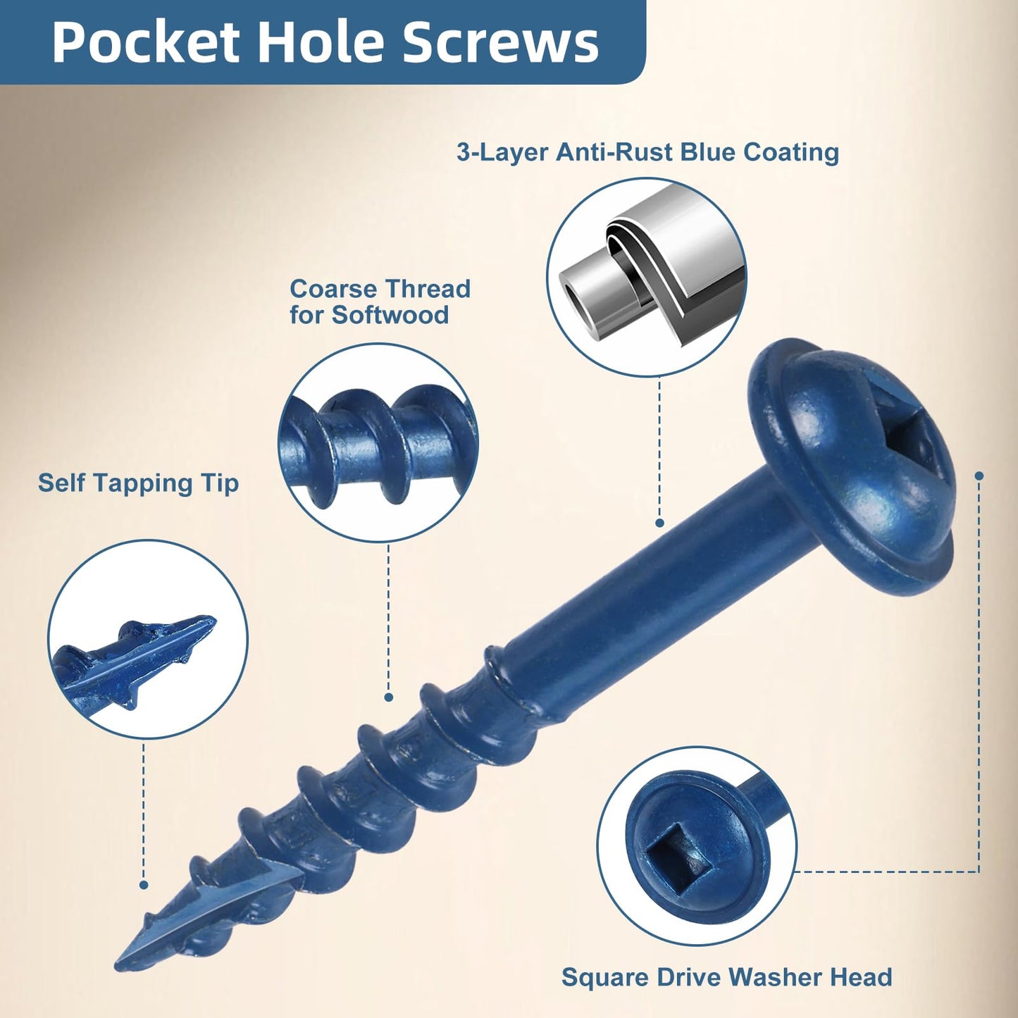 VGBUY Pocket Hole Screws 2 1/2 Inch, 80Pcs Pocket Screws #8 x 2-1/2", Blue Coated Wood Screws for Exterior, Coarse Thread Square Drive, Self-Tapping Tip