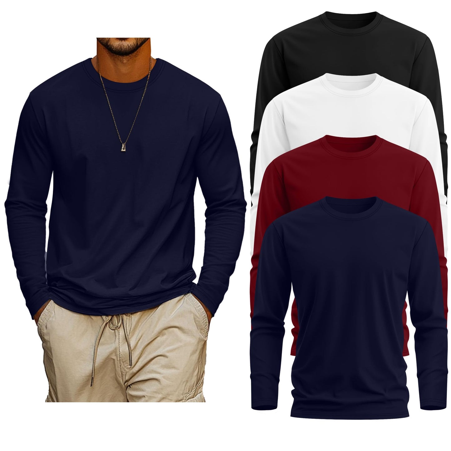 Neer 4 Pack Mens Big and Tall Shirts Cotton Long Sleeve Crewneck Casual Tops Plus Size Basic Tee Shirts Multipack(Black, White, Navy Blue, Wine Red,5X-Large)