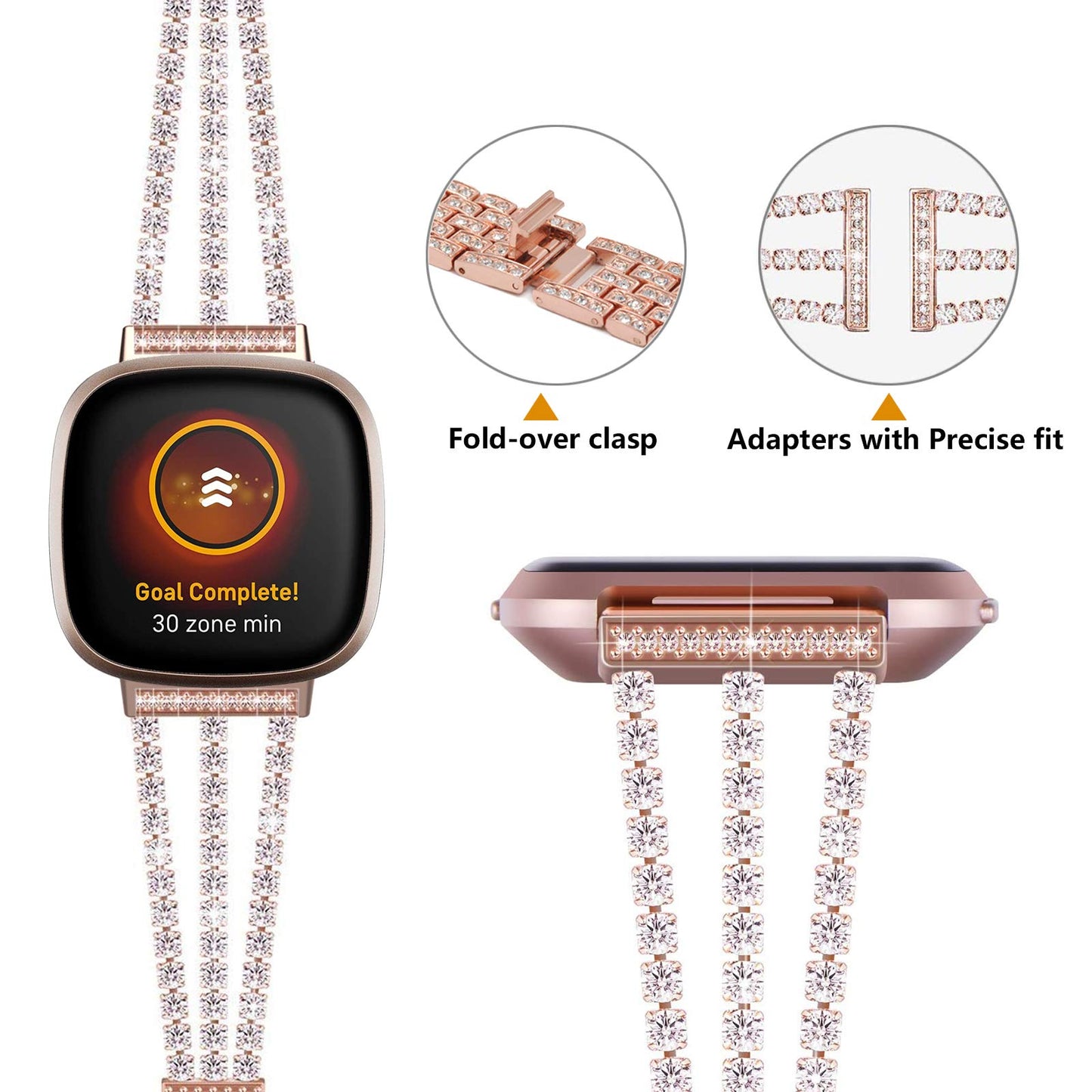Wongeto Bling Bracelet Compatible with Fitbit Versa 3/Fitbit Sense Women Men Stainless Steel Jewelry Rhinestone Dressy Wristband Strap Bracelet (Rose Gold)