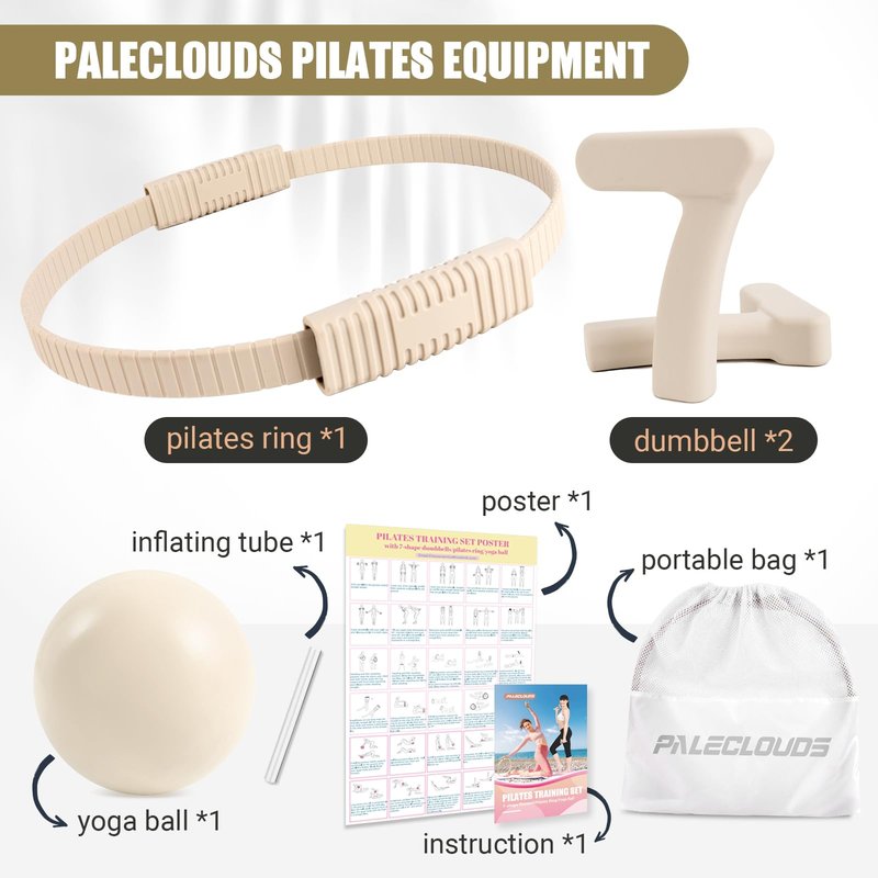Paleclouds Pilates Ring Set, Pilates Essential Kit with Pilates Ring and Ball, 2.2lb *2 Ergonomic 7-Shaped Dumbbells, Portable Bag & Training Poster, at Home Workouts Pilates Sets for Women (Beige)