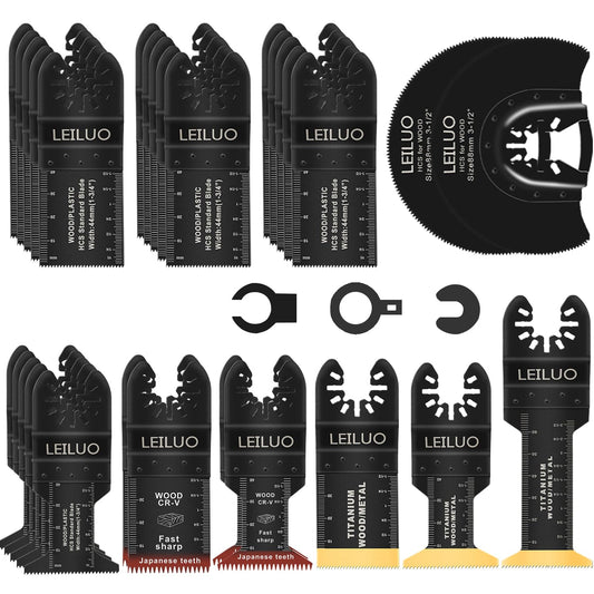 LEILUO 32 Pcs Multitool Blade Kit for Wood Nails Japanese Tooth Oscillating Saw Blades Titanium Oscillating Tool Blade with Storage Bag Compatible with DeWalt Dremel Makita and More