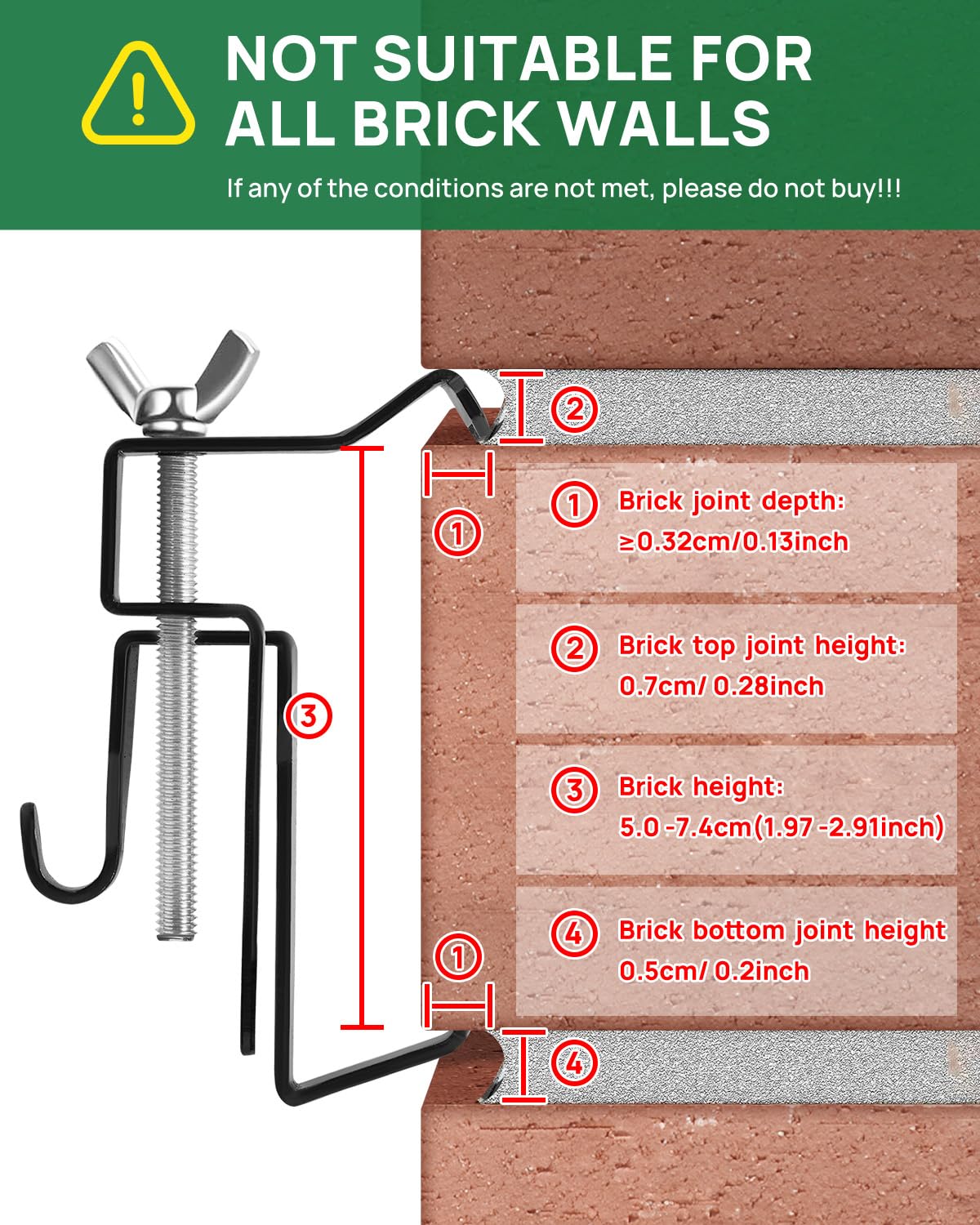 Stalishare Brick Clips, Brick Hangers Hooks for Hanging Outdoors No Drill, 1.97-2.91 inches Adjustable Brick Wall Clips, Metal Brick Picture Hangers No Damage (Pack of 4, Black)