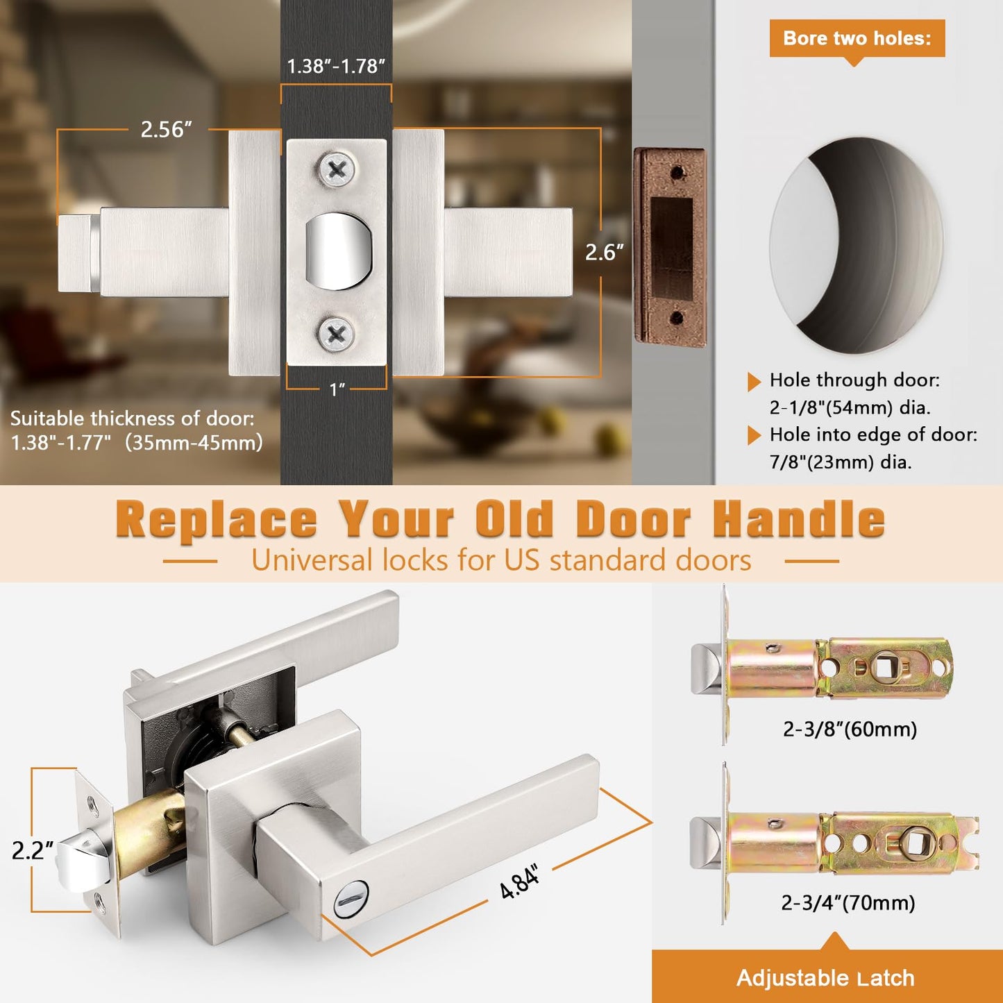 Probrico Interior Brushed Nickel Door Handle, Heavy Duty, Flat Square Privacy Door Handles, Keyless Door Levers Lockset for Bedroom and Bathroom (4 Pack, Modern)