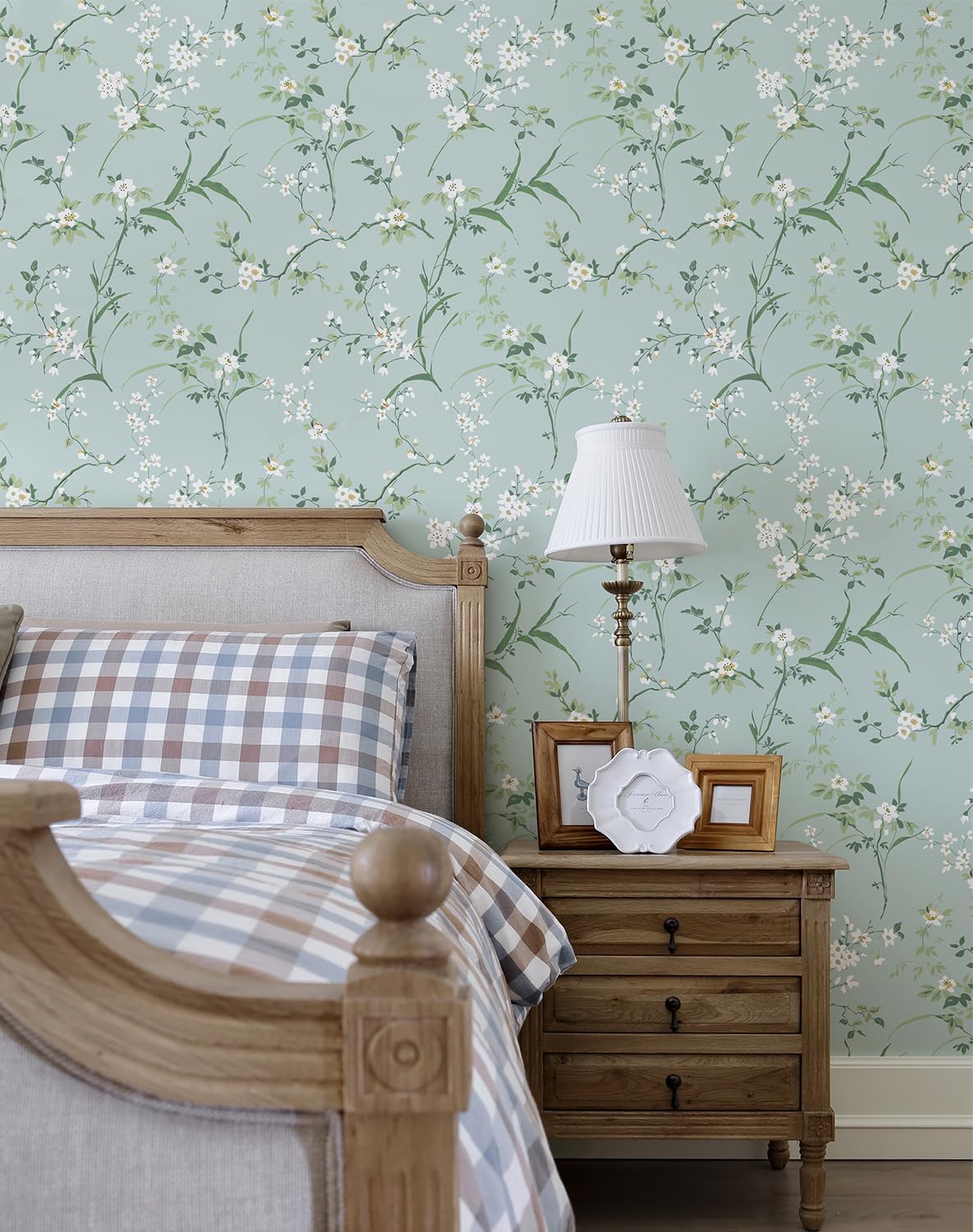 HomKihapai Peel and Stick Wallpaper Farmhouse Wild Floral Peel and Stick Wall Paper French Blue Wallpaper for Bedroom Stick on Mural Cabinets Contact Paper (Soft Blue, 17.7" X 78.74")