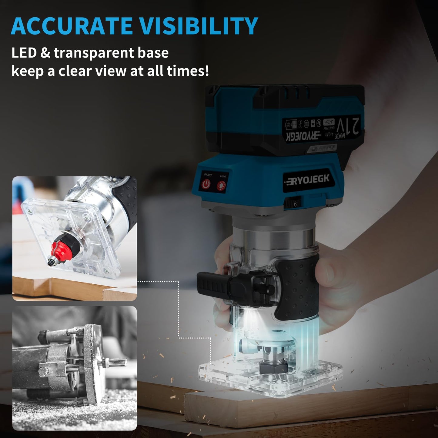 RYOJEGK Cordless Wood Router Tool,21V Brushless Palm Router with 2 x 4.0Ah Battery,Compact Trim Router 6-Speed with 20 PCS 1/4" Bits LED,Fresadora Para Madera for Woodworking Slotting & Edging