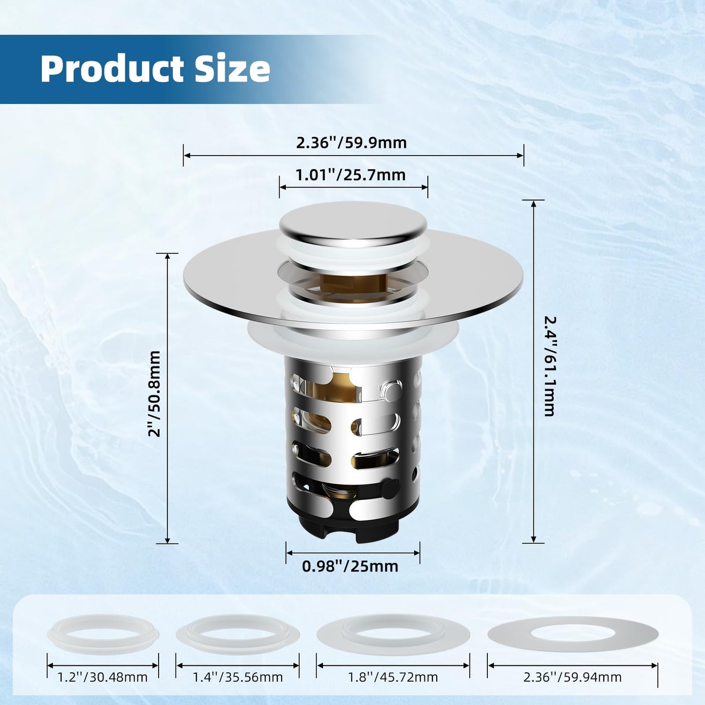 iFealClear Upgraded 4-in-1 Bathroom Sink Drain Stopper Hair Catcher, Universal Pop Up Strainer with 2-Layer Removable Stainless Steel Filter Basket, Anti-clog Sink Plug for 1.1"-2.36" US Basin, Chrome