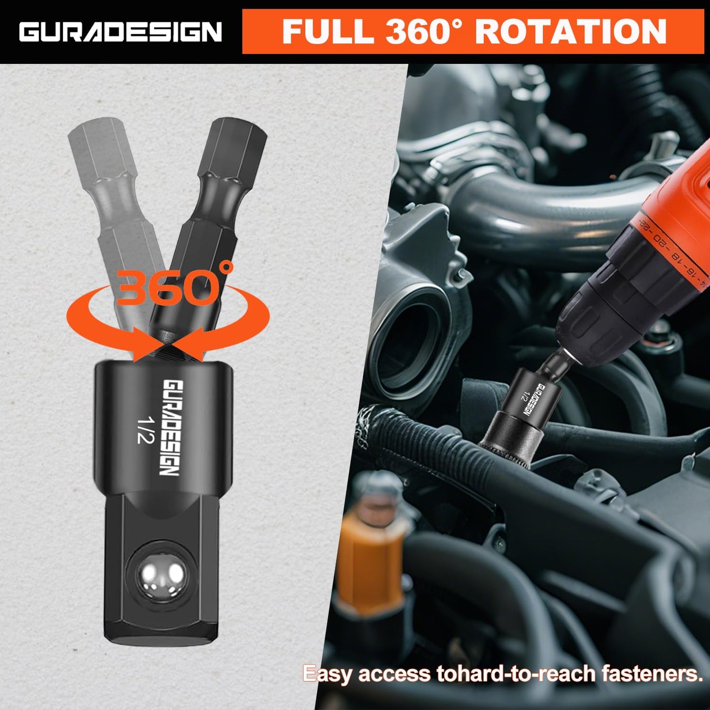 GURADESIGN 9-Piece Impact Drill Socket Adapter Set and Universal Joints Socket Set 1/4" 3/8" and 1/2" Driver Socket Adapter, Power Drill Bit Extension, Magnetic Screwdriver Bit Holder