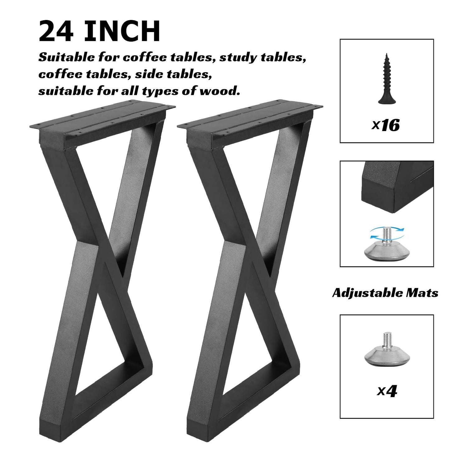 Rioychan 24 Inch Metal Table Desk Legs, Industrial Style Home DIY Project for Furniture,Nightstand,Coffee/End/Side Table Legs with Adjustable Floor Protector, Black (H24” x W14.2”, 2Pcs)