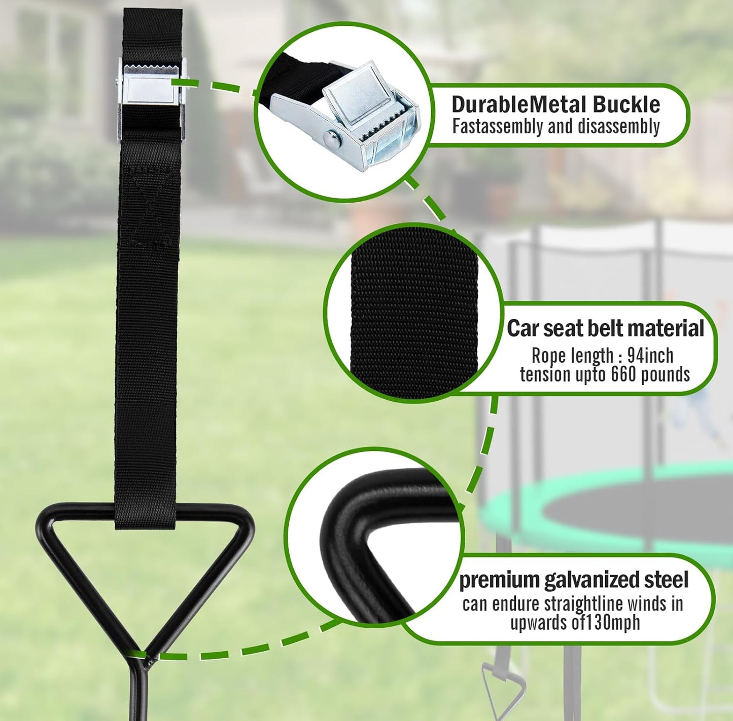 Trampoline Tie Down Anchor Kit by [Brand Name] - Heavy Duty Steel Stakes for High Wind | Set of 4