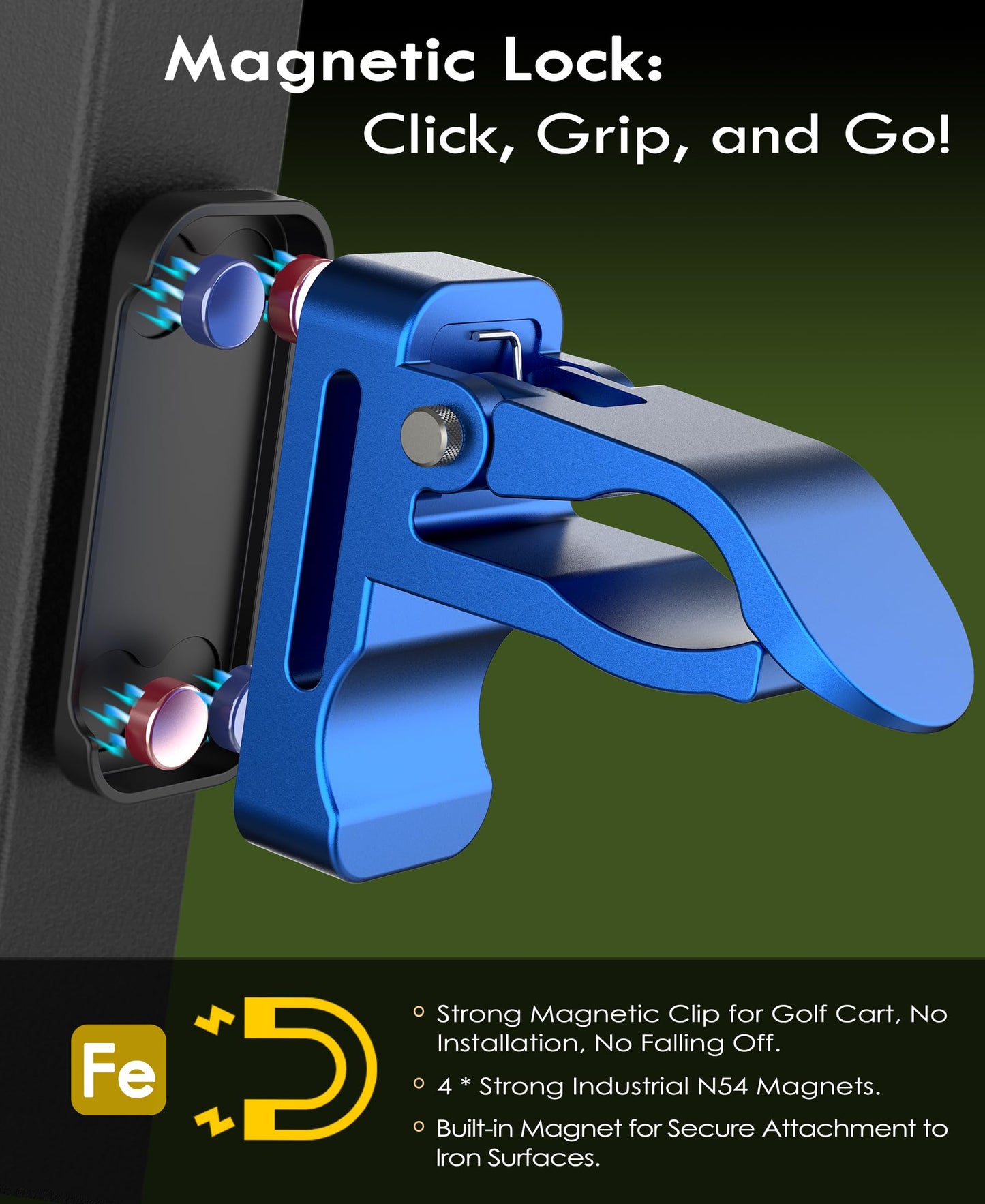 Femlotank Item Holder for Golf Cart 3-in-1, Sturdy Golf Cart Item Holder Magnetic Ultra Strong with Loop Strap, Universal Clip with Premium Storage Bag Gift for Golfers (Black)
